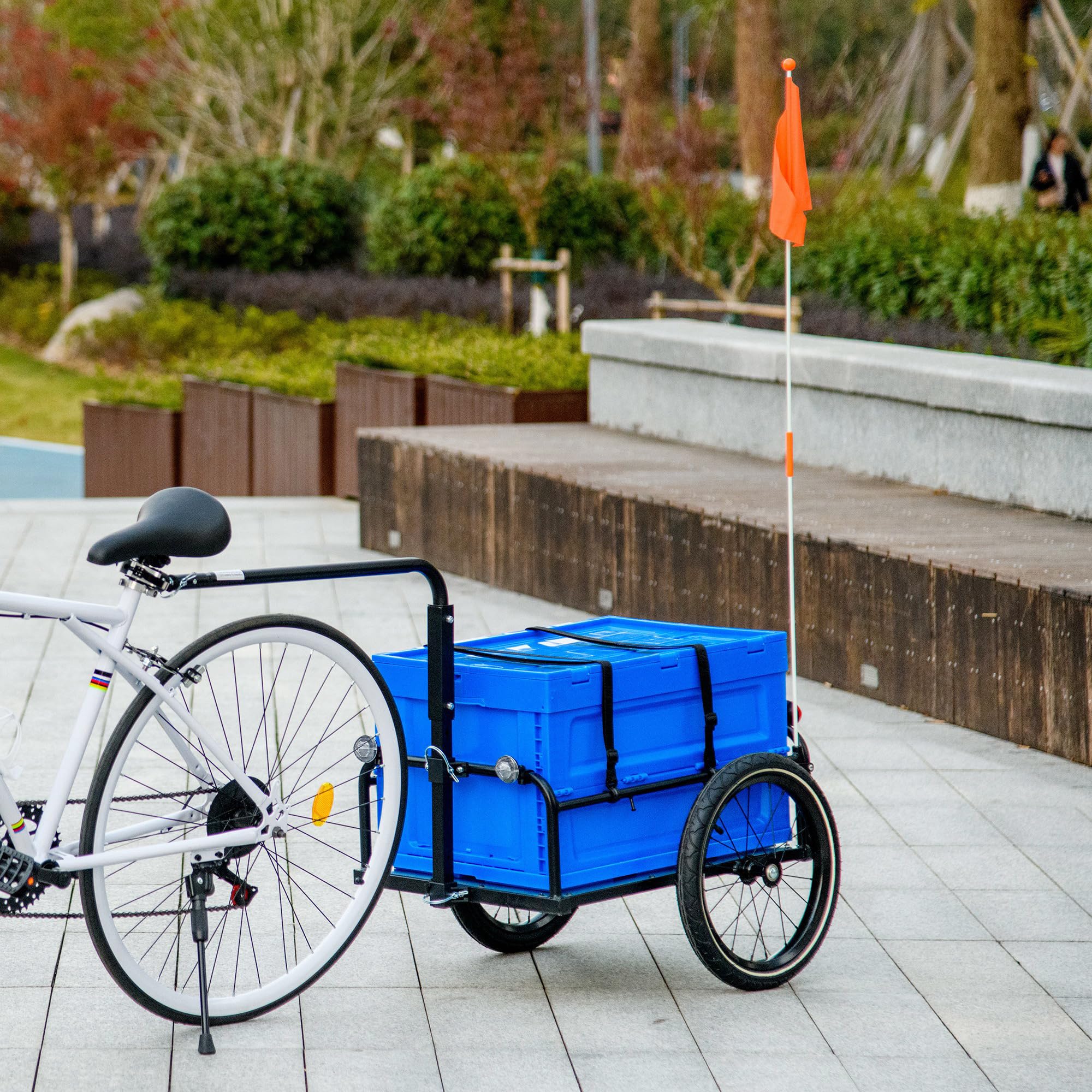 HOMCOM Remolque para Bicicleta de Carga 65 L Remolque para Bici Carro para Bicicleta con Mango Ajustable Caja de Almacenamiento Plegable y Reflectores Seguros Carga 40 kg Azul