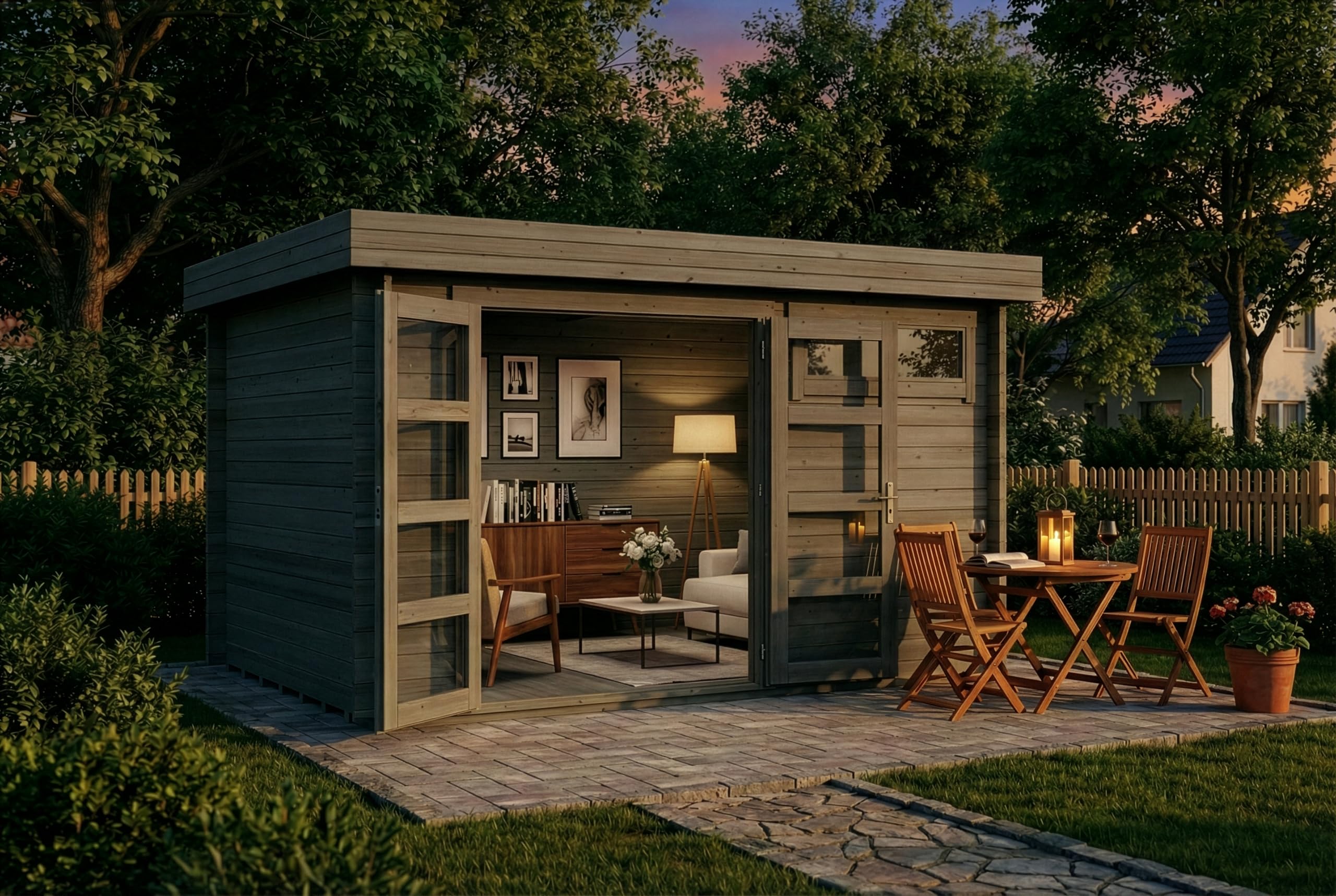 Alpholz Gartenhaus Leandro mit Fußboden aus Holz, Gerätehaus 394x268cm mit 28 mm Wandstärke in Imprägnierung Grau