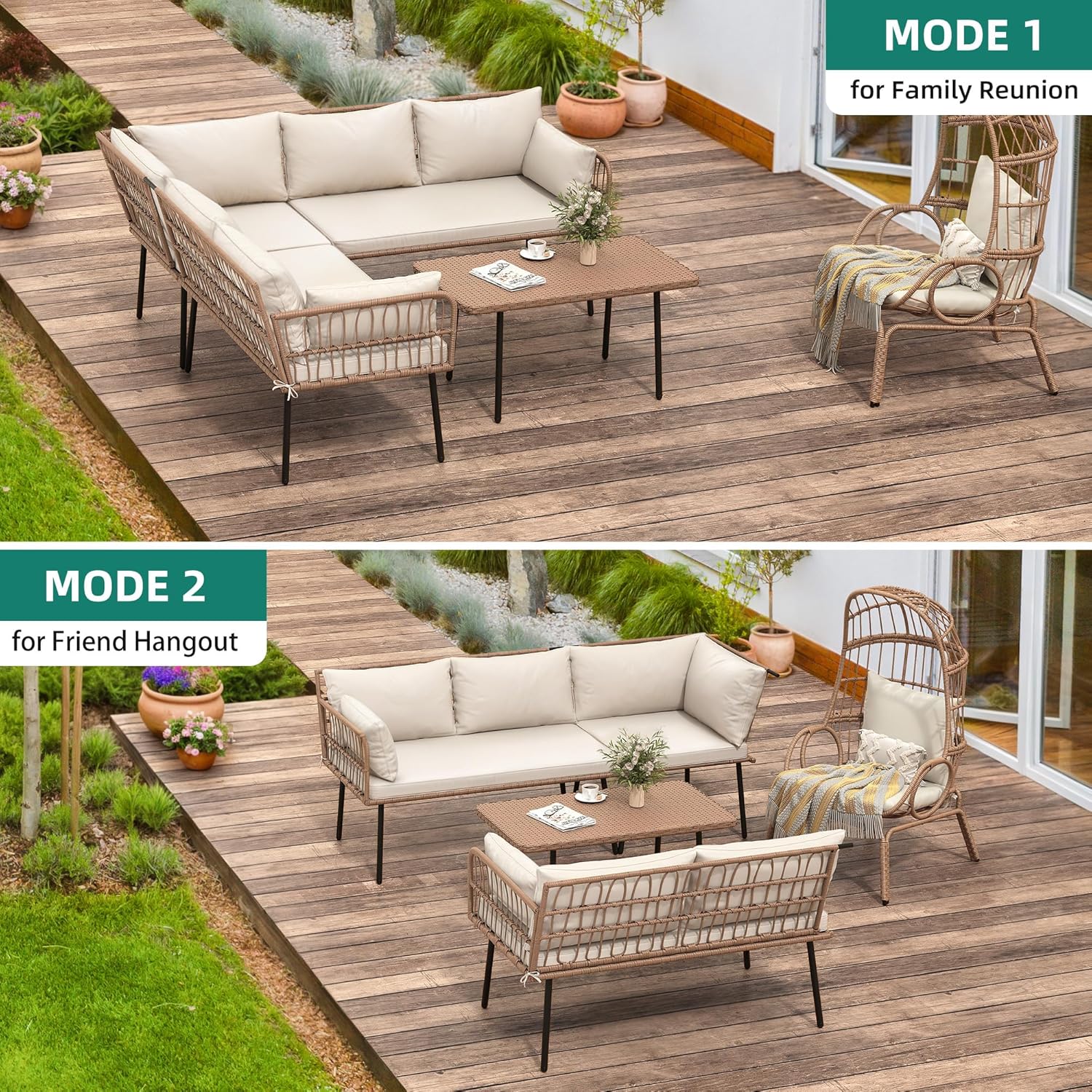YITAHOME 4 Pieces Patio Furniture Set with 5 Seater Outdoor Sectional with Thickness Cushions and Side Table Boho Patio Conversation Set Outdoor Furniture Set for Backyard Porch Balcony