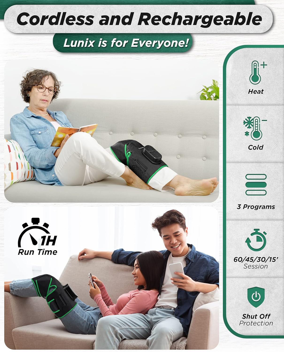Lunix LX4 FSA Cordless Knee Massager with Heat, Compression & Vibration, Rechargeable Wrap for Knee, Calf & Thigh, Hot/Cold Therapy Option, Touchscreen Control for Everyday Comfort, Forest Green