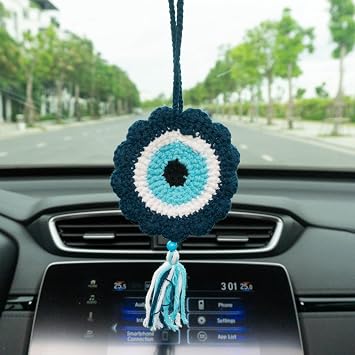 Talataca Evil Eye Crochet Car Ornament Handmade Turkish Blue Eye Rearview Mirror Charm, Spiritual Protection Hanging Decor, Good Luck Gift, Boho Tree Ornament