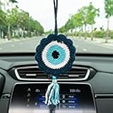 Talataca Evil Eye Crochet Car Ornament – Handmade Turkish Blue Eye Rearview Mirror Charm, Spiritual Protection Hanging Decor, Good Luck Gift, Boho Tree Ornament
