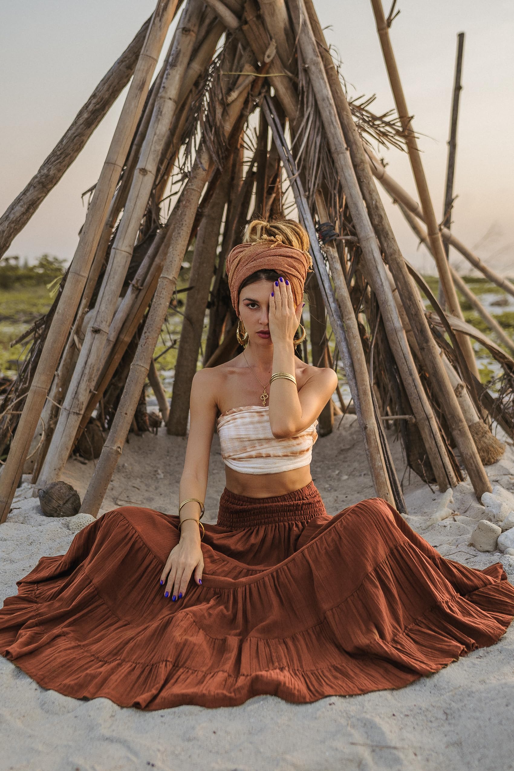 Thaluta Damen Maxirock im Boho-Stil, langer, fließender Baumwollrock „Moana“