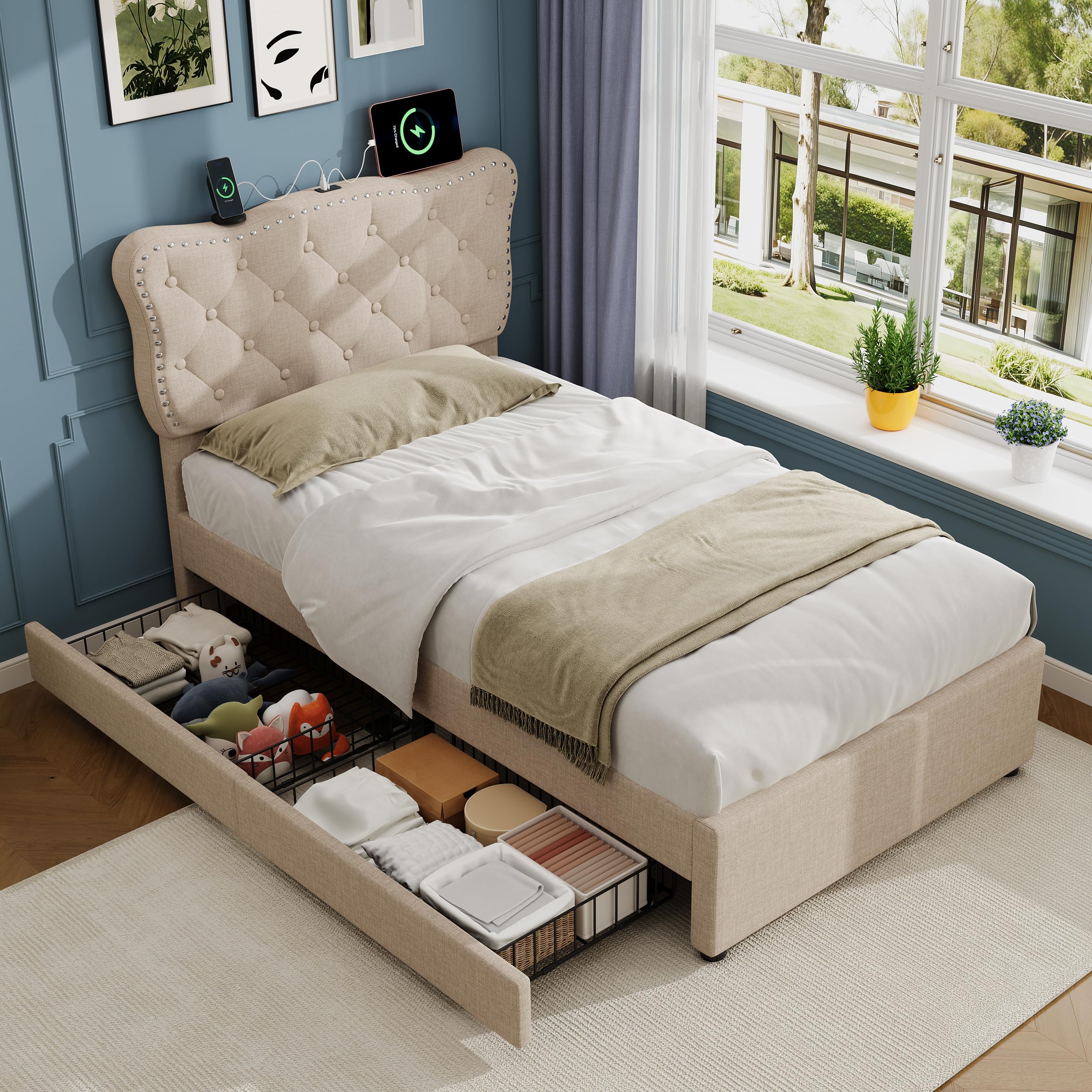 Jaxenor 3ft Single Bed Frame with 2 Storage Drawers, Upholstered Bed with Adjustable Button Tufted Headboard and Charging Station, Rivet Bed with USB and Type-C Port, Linen, No Mattress, Beige