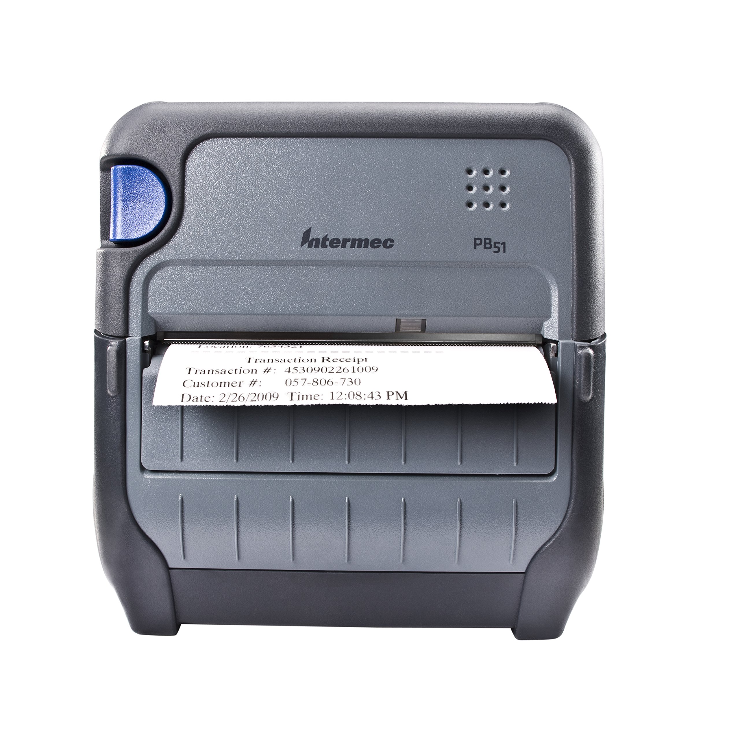 Intermec PB51 mobile receipt printer with a printed receipt showing transaction details.