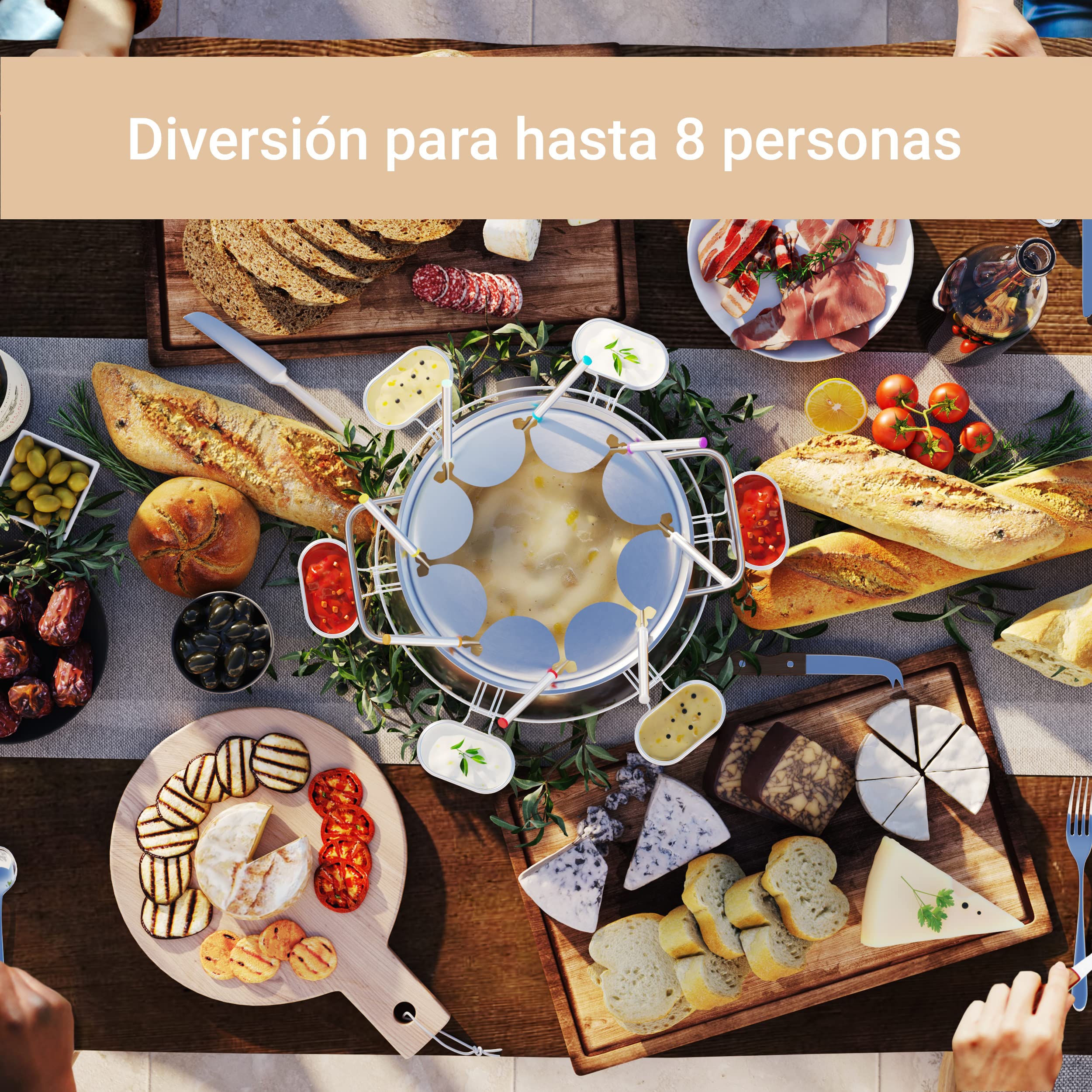 SUNTEC Fondue eléctrica para 8 personas – Tenedores + antisalpicaduras + soporte para salsas – Alternativa a la raclette – Olla para queso + chocolate + grasa – Fondue de acero inoxidable FON-8014 V2A