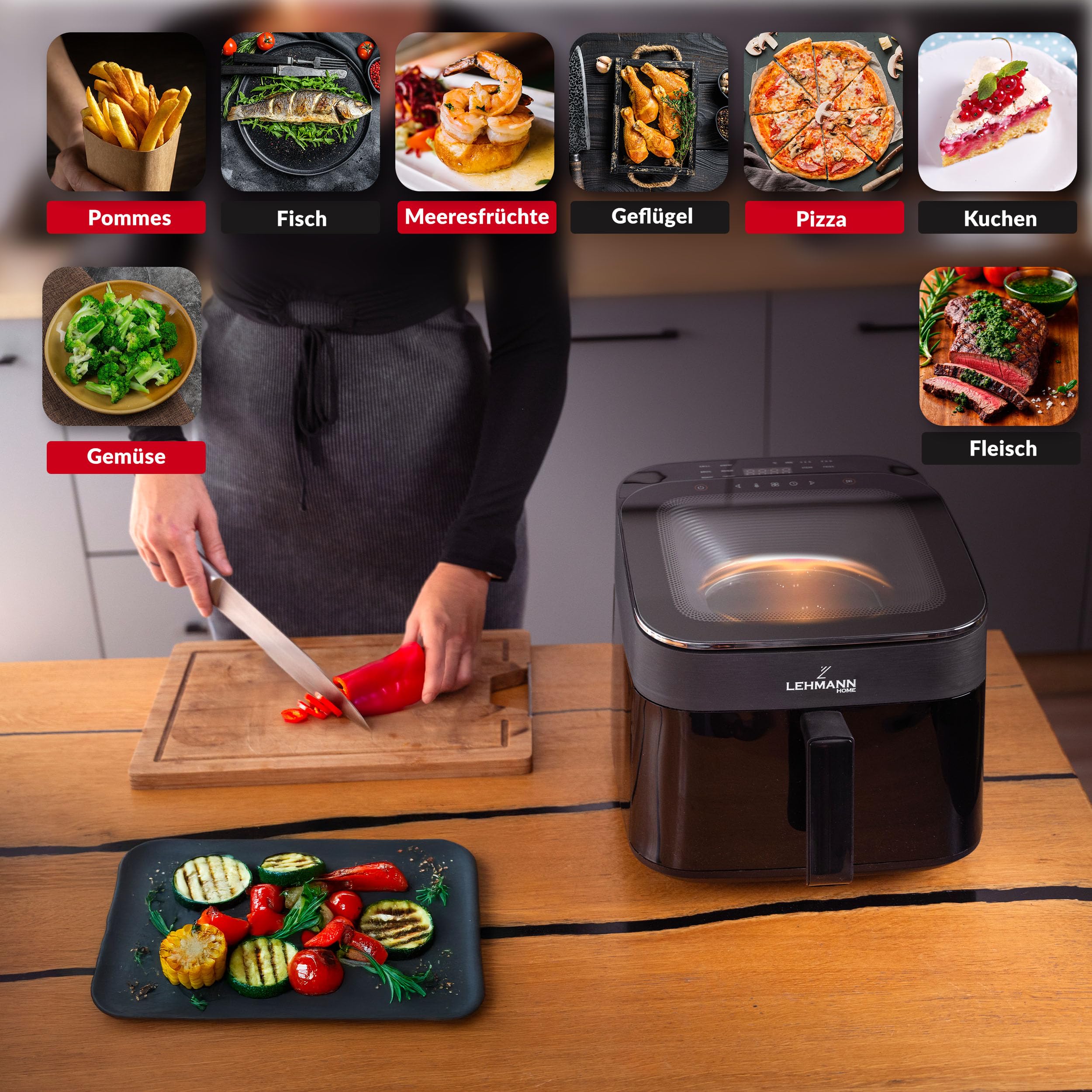 LEHMANN XL Heißluftfritteuse 6,5L, Airfryer mit oberem Panorama-Sichtfenster & Beleuchtung, Touchdisplay, 12 Programme, Rühr-Erinnerung, spülmaschinengeeignete Antihaft-Roste, Familien Air Fryer
