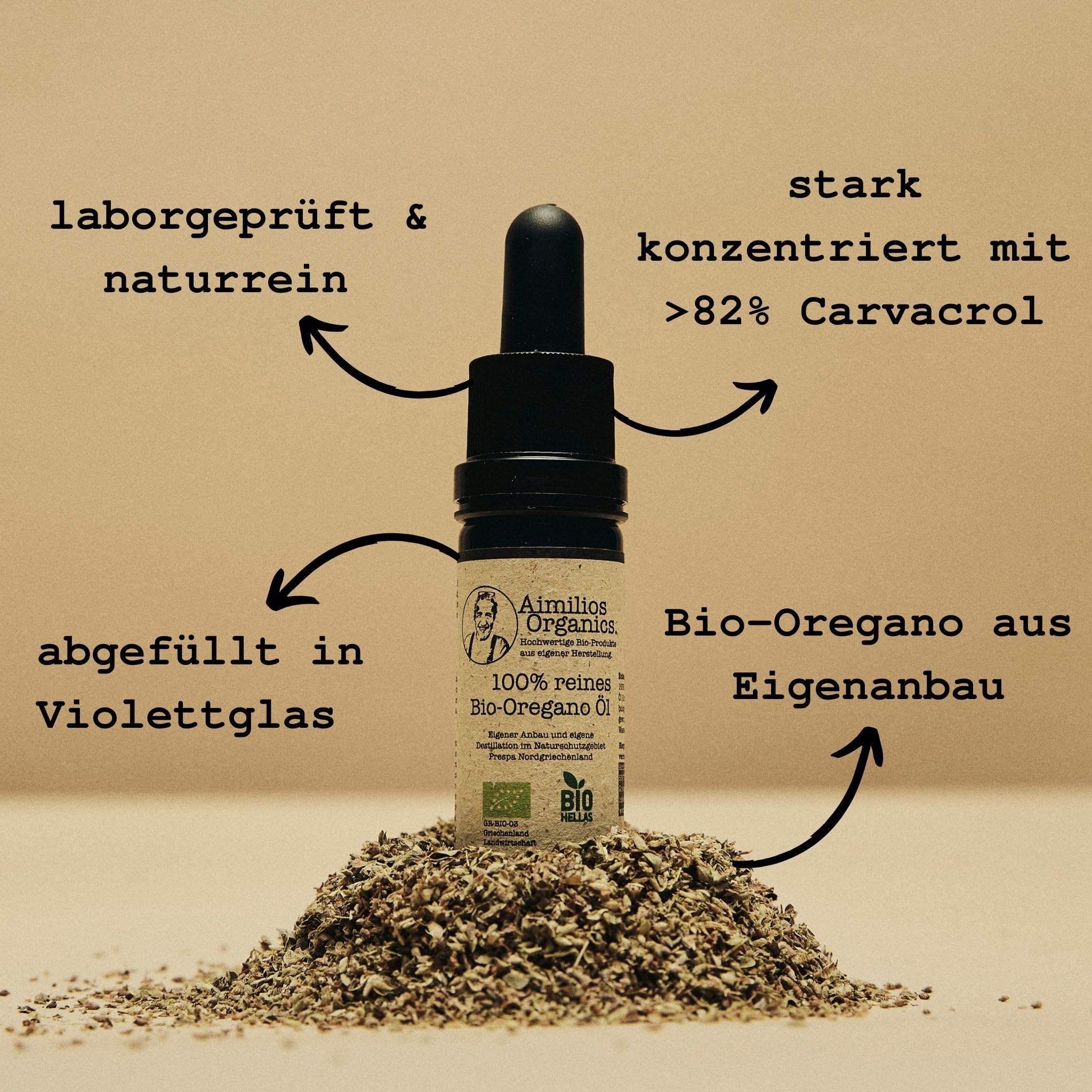Bio Oregano Öl direkt vom FAMILIENBETRIEB, 100% naturrein mit >82% Carvacrol & Laboranalysen, zum Verzehr geeignet, lichtgeschützt im biophotonischem Violettglas 3x10ml