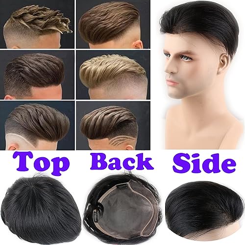 Miniatura 6 de Europeo Remy Cabello Humano Hombres Toupee con Clips Corto Natural Negro Reemplazo Piezas de Pelo Pelucas para Hombre 8"x7"