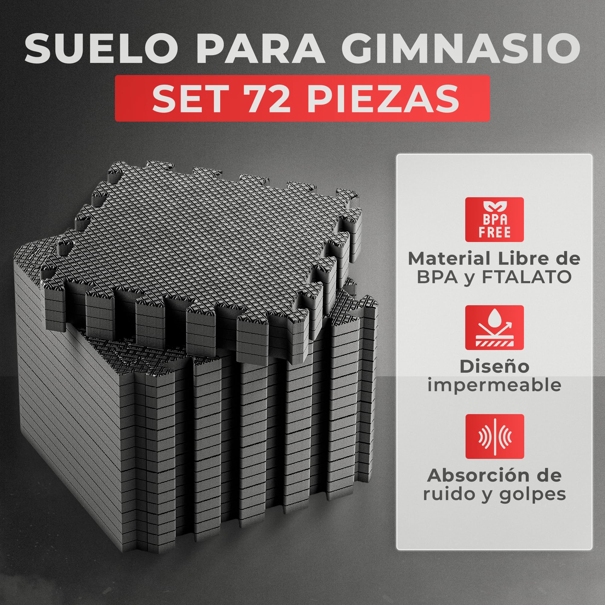 JUPPLIES - Suelo Gimnasio 30x30x1cm - Esterilla Puzzle Fitness de Goma para Suelo - Alfombra Protectora para Gimnasio en Casa - Tatami en Puzzle (Negro, 72 Piezas)