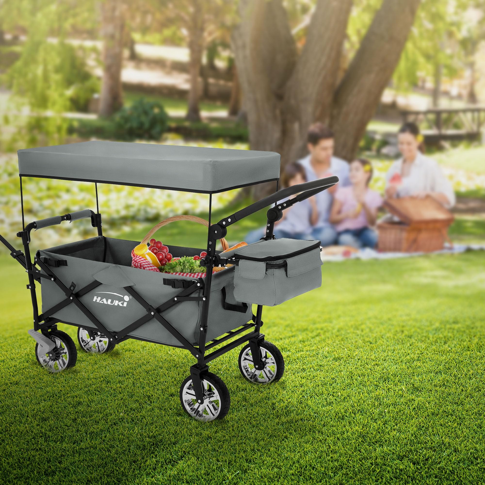 Hauki Chariot de Transport Pliable à Main avec Toit, Gris, Poussette de Plage Jardin avec Sac et Siège à 2 Places, Roulette avec Freins, Pivotante à 360°, Charge Max. 120 kg, pour Enfants/Outils