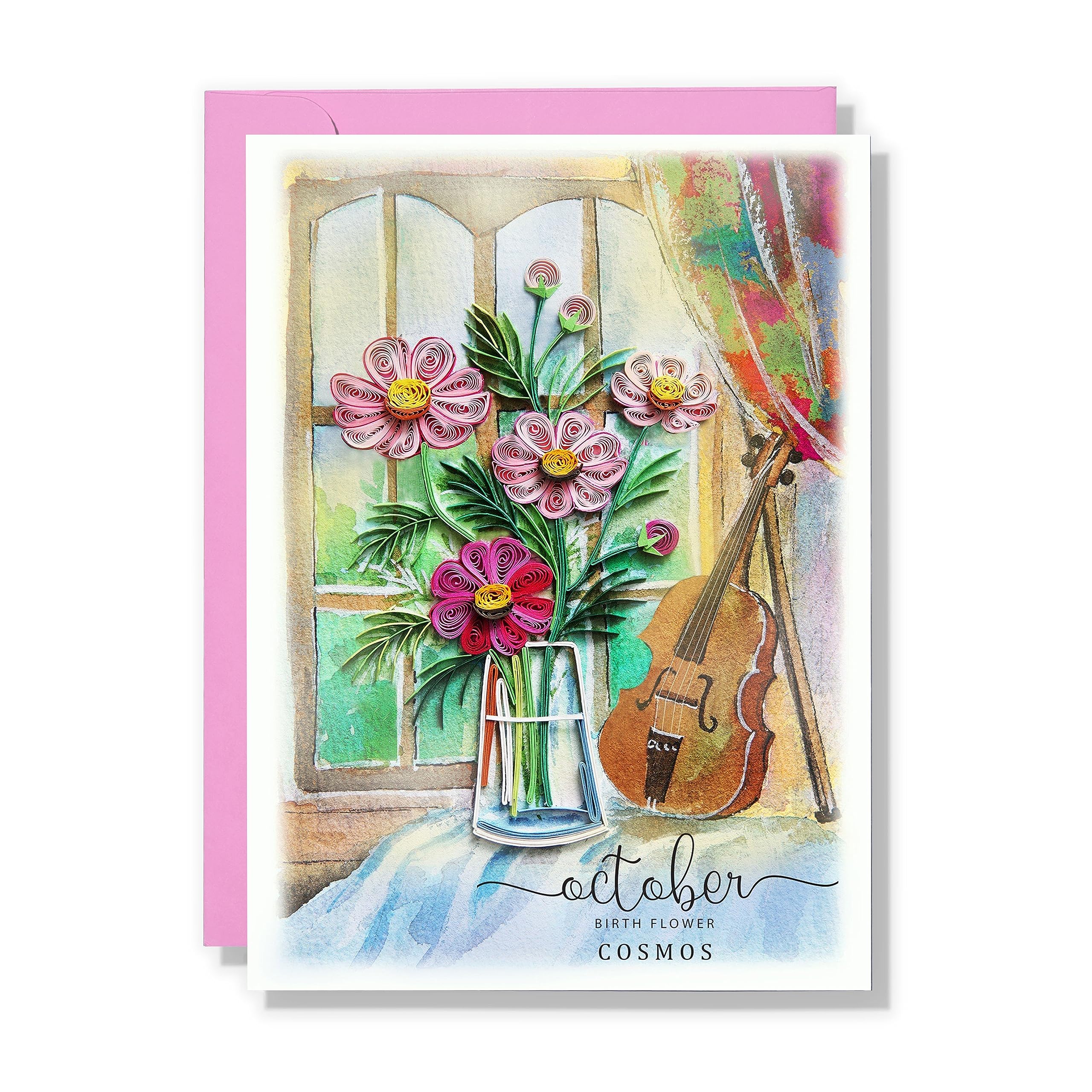 Cosmos Quilling Card, Handmade Floral Card for Birthday, Anniversary, Large 5in x 7in