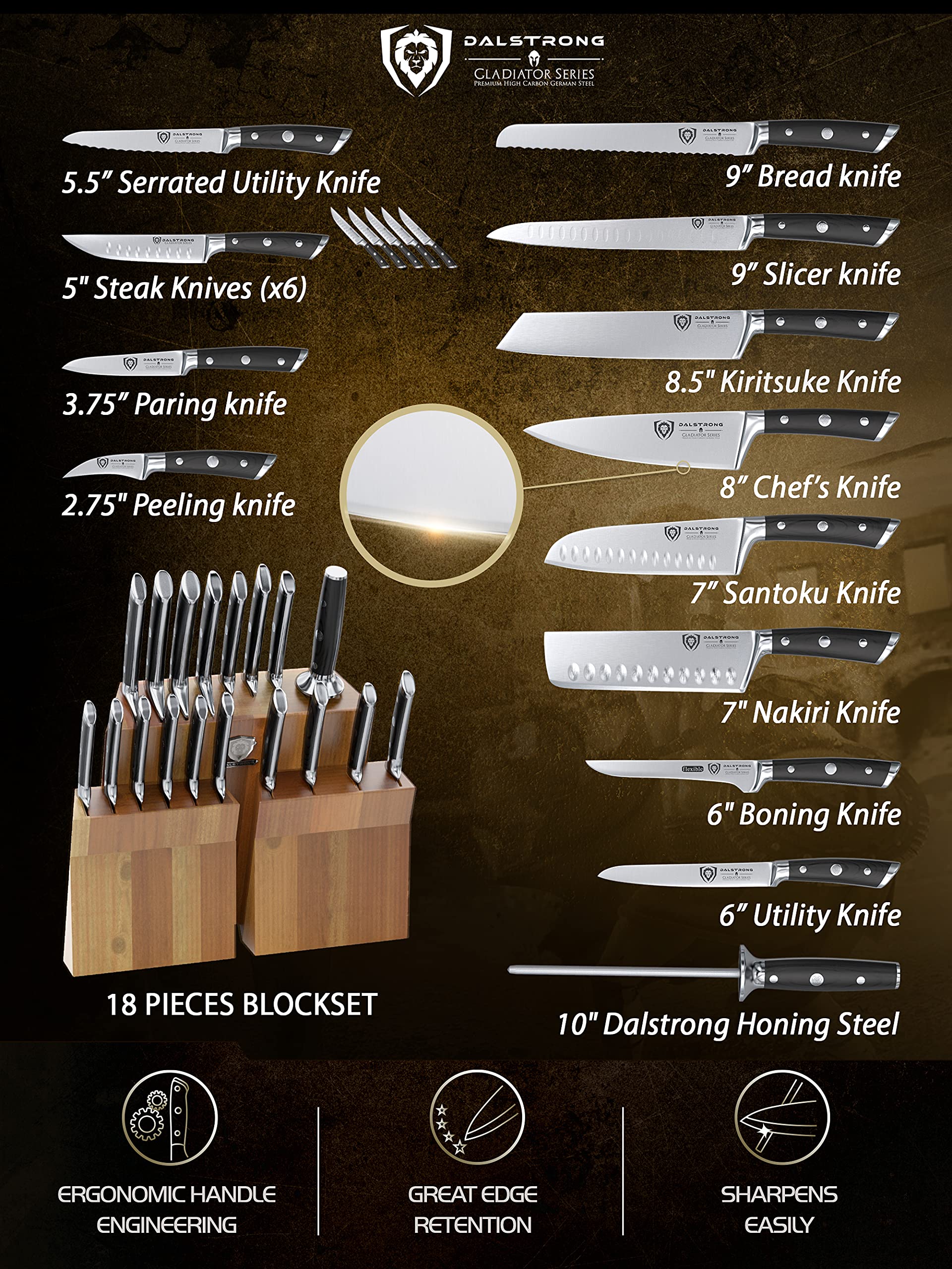 DALSTRONG Knife Block Set 18 Piece Colossal Knife Set Gladiator