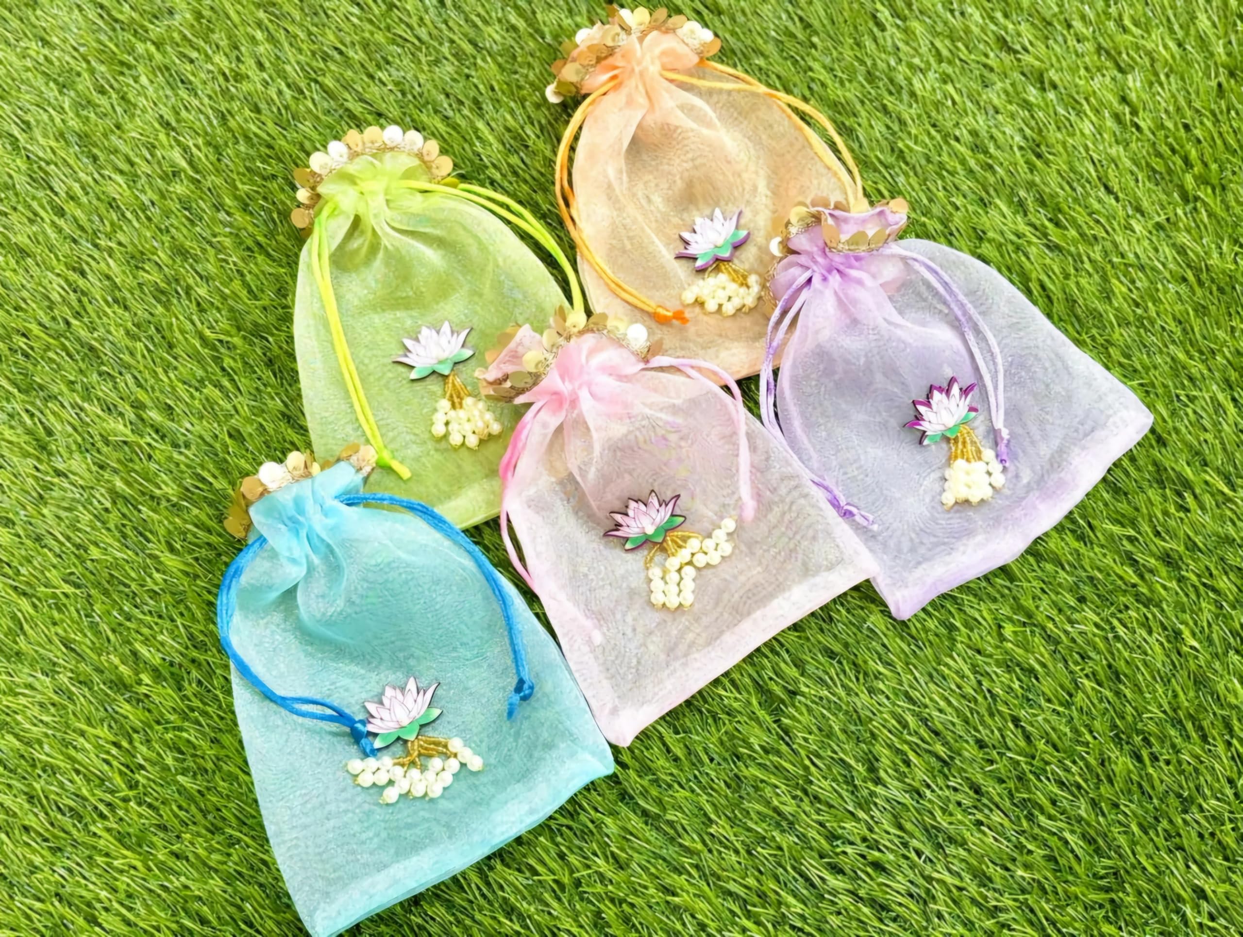 4 Pack Organza Lotus Gift Bags with Lace Trim and Pearl Beads, Multicolor, 9x11 Inches-image-25