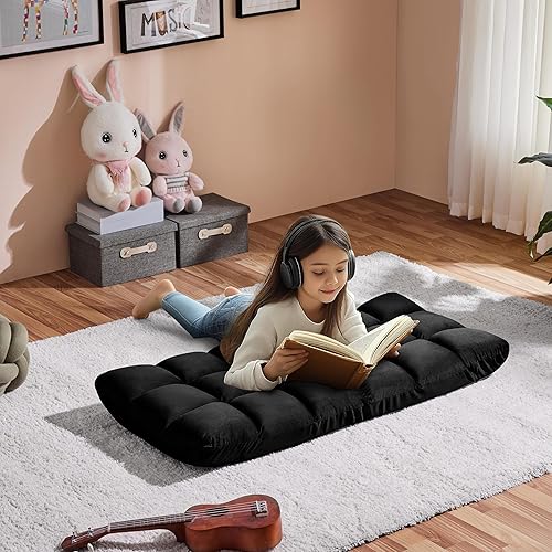 Miniatura 40 de Yaheetech Silla plegable de suelo con soporte para el respaldo, silla plegable acolchada para juegos con respaldo ajustable 14, sofá reclinable para