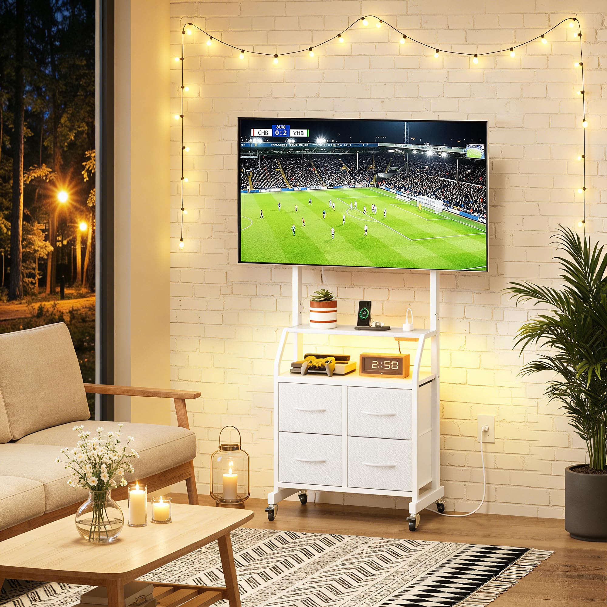 Support TV sur Pied avec roulettes 32-75 Pouces Meuble TV roulettes | Support TV sur roulettes avec LED et Prises Intégrées, Réglable en Hauteur avec 4 Tiroirs, Max VESA 600x400 mm, Blanc