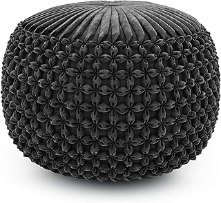 SIMPLIHOME Renee Round Pouf, Footstool, Upholstered in Slate Grey Velvet, for the Living Room, Bedroom and Kids Room, Transitional, Modern