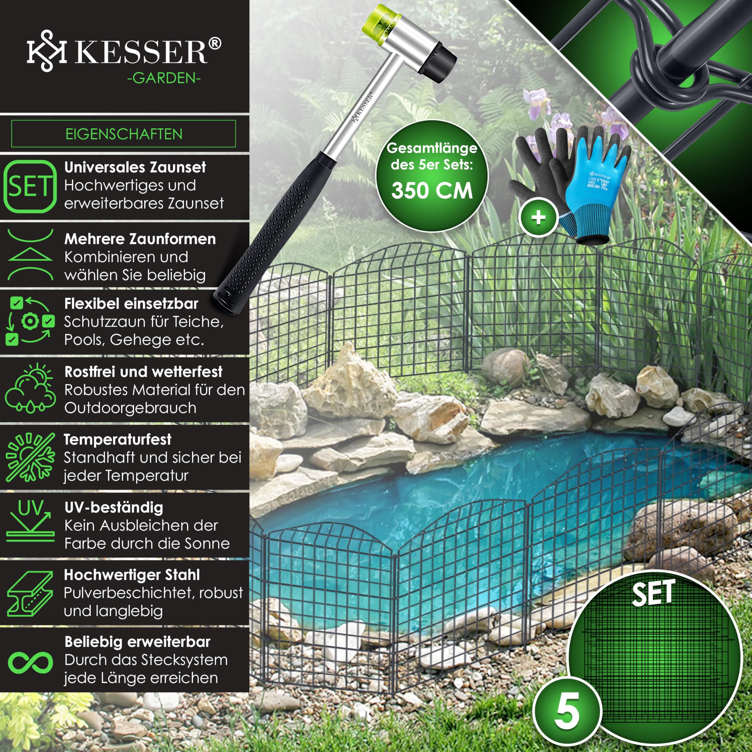 KESSER® Recinzione per laghetto da giardino, set completo di elementi di recinzione in metallo, con martello + barre di fissaggio, recinzione per giardino, arco superiore rotondo, set di recinzioni