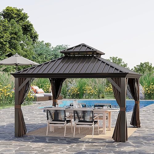 Miniatura 2 de Outsunny Cenador de techo rígido de 12 x 12 pies con cortinas y red, toldo permanente de metal de doble techo con marco de aluminio y ganchos, para