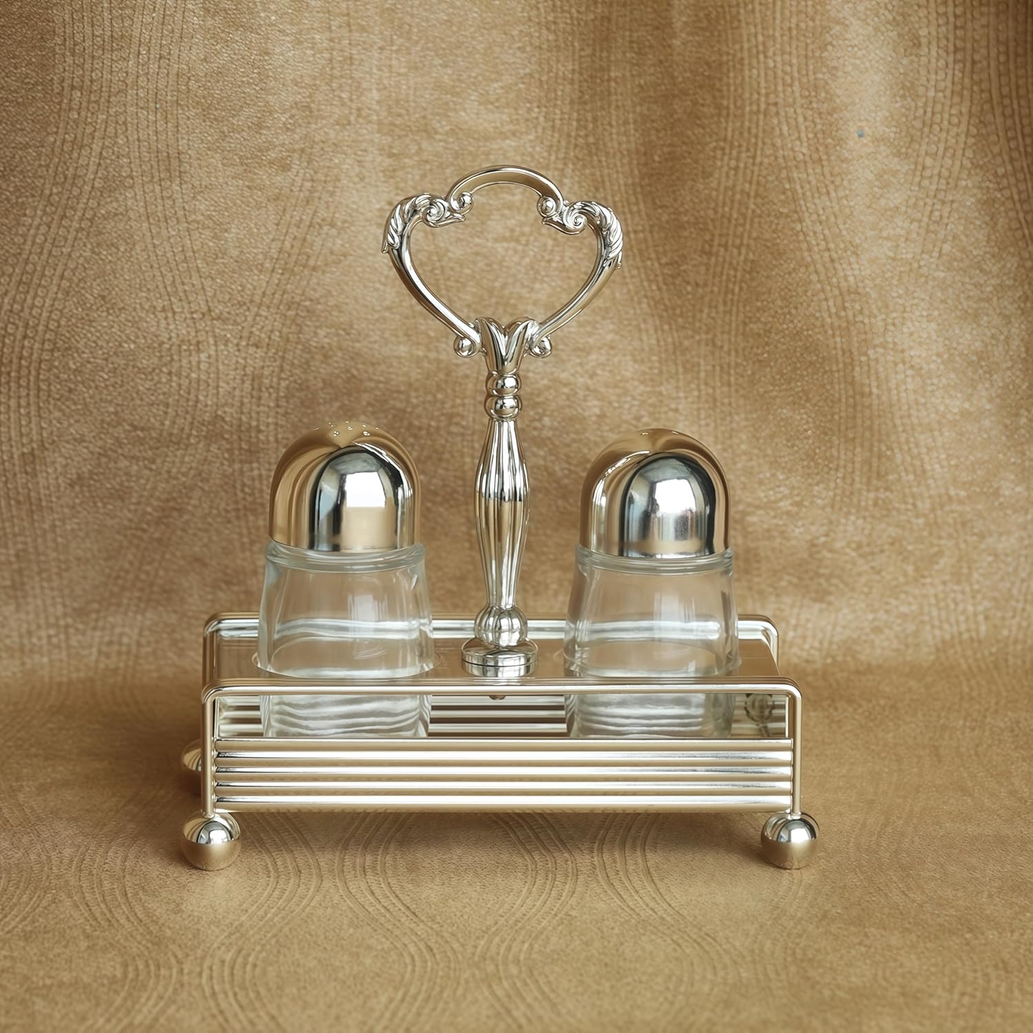 Salt and Pepper Shaker Set with Stand - Heavyweight 653g, Silver-Plated Iron Alloy & Glass, Kitchen & Dining Table Decor, Housewarming Gift Idea