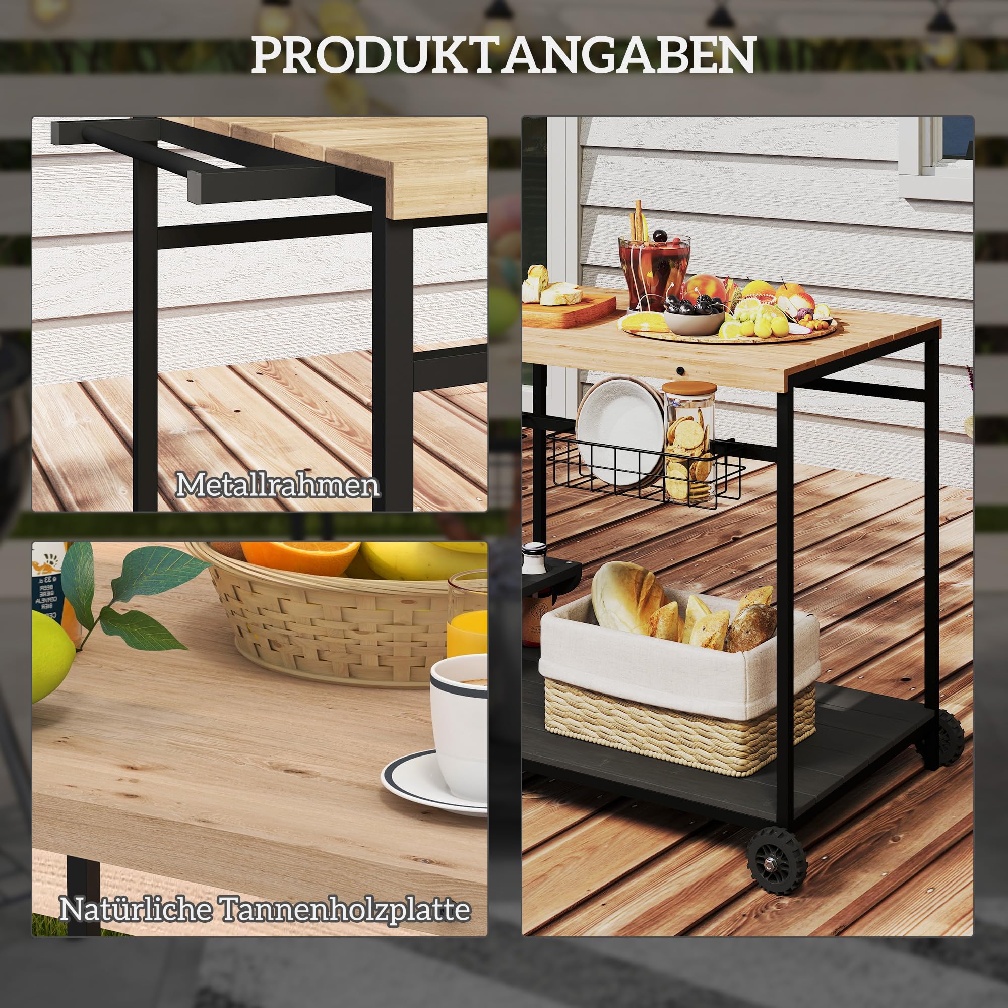Outsunny Servierwagen Gartenrollwagen 2 Ebenen Barbecue Trolley Aufbewahrungskorb Outdoor Küchenwagen Griff Becherhalter Tanne Natur 97,5 x 65 x 81 cm