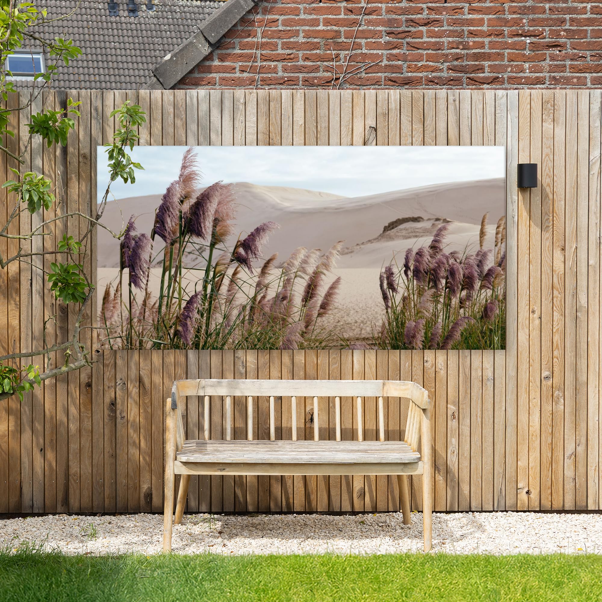 Outdoor Leinwand Bild 200x100 cm Gartenbild Wetterfest Terrasse Deko Balkon Wandbild Außendekoration Modern Draußen Pampasgras - Sand - Pflanzen - Düne