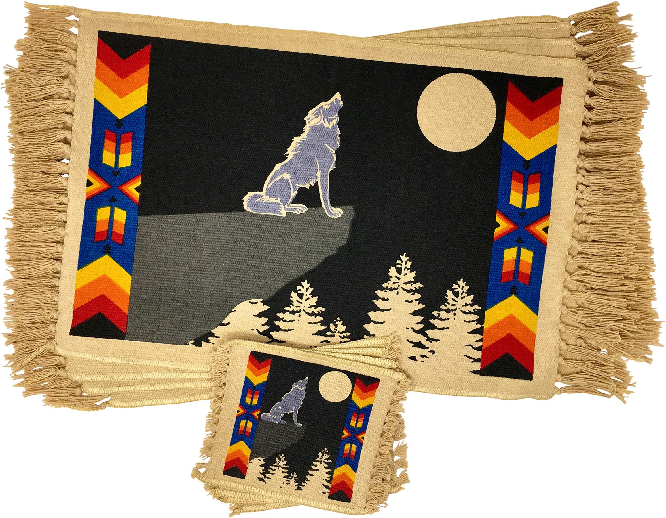 Western Wildlife Placemats & Coasters: Native Design Animals Kitchen & Dining Table Set of 4 Table Mats & 4 Drink Coasters (Wolf)