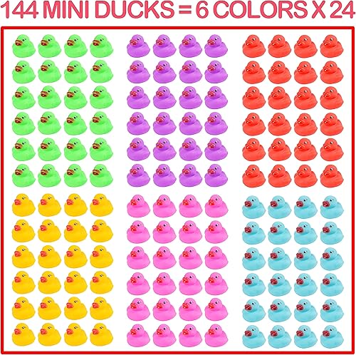 Miniatura 2 de Paquete de 144 mini patos de baño, mini juguetes de baño coloridos de goma para niños, flotador y chirriante, juego de juguetes de piscina para