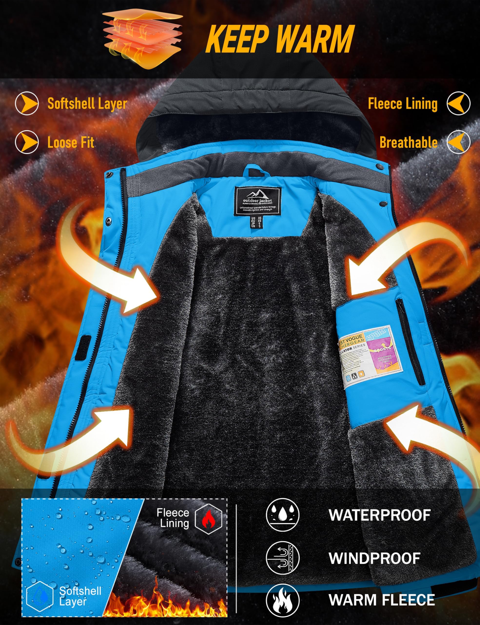 MAGCOMSEN Vestes imperméables pour femme - Manteaux chauds d'hiver - Pour randonnée, camping - Avec poches zippées