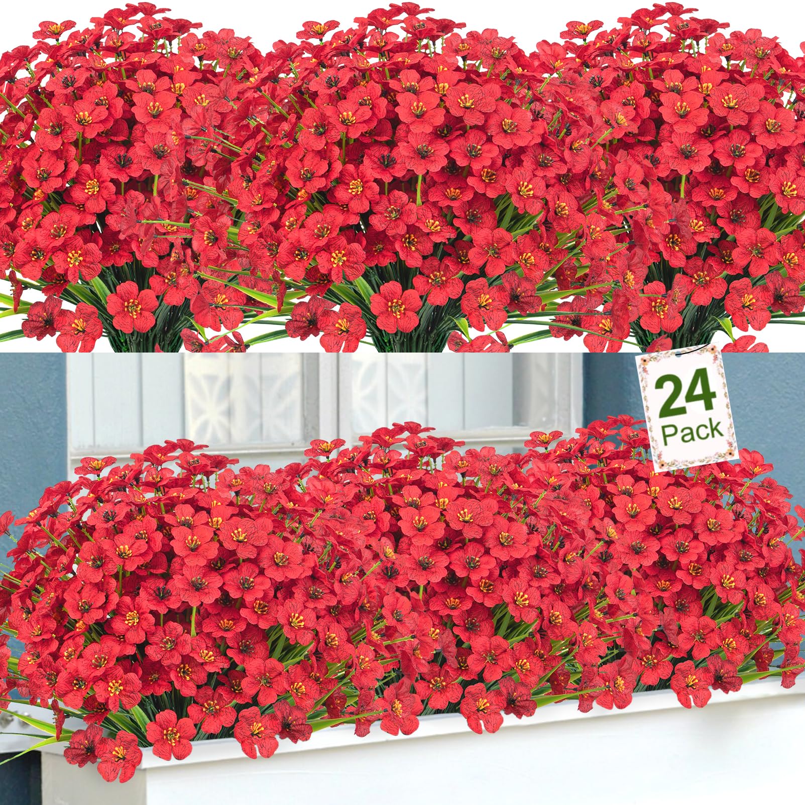 Ouddy Decor 24 Bundles Artificial Flowers for Outdoors Faux Plastic Plants Fake Flowers UV Resistant Greenery Shrubs for Garden Porch Home Window Box Decor (Red)