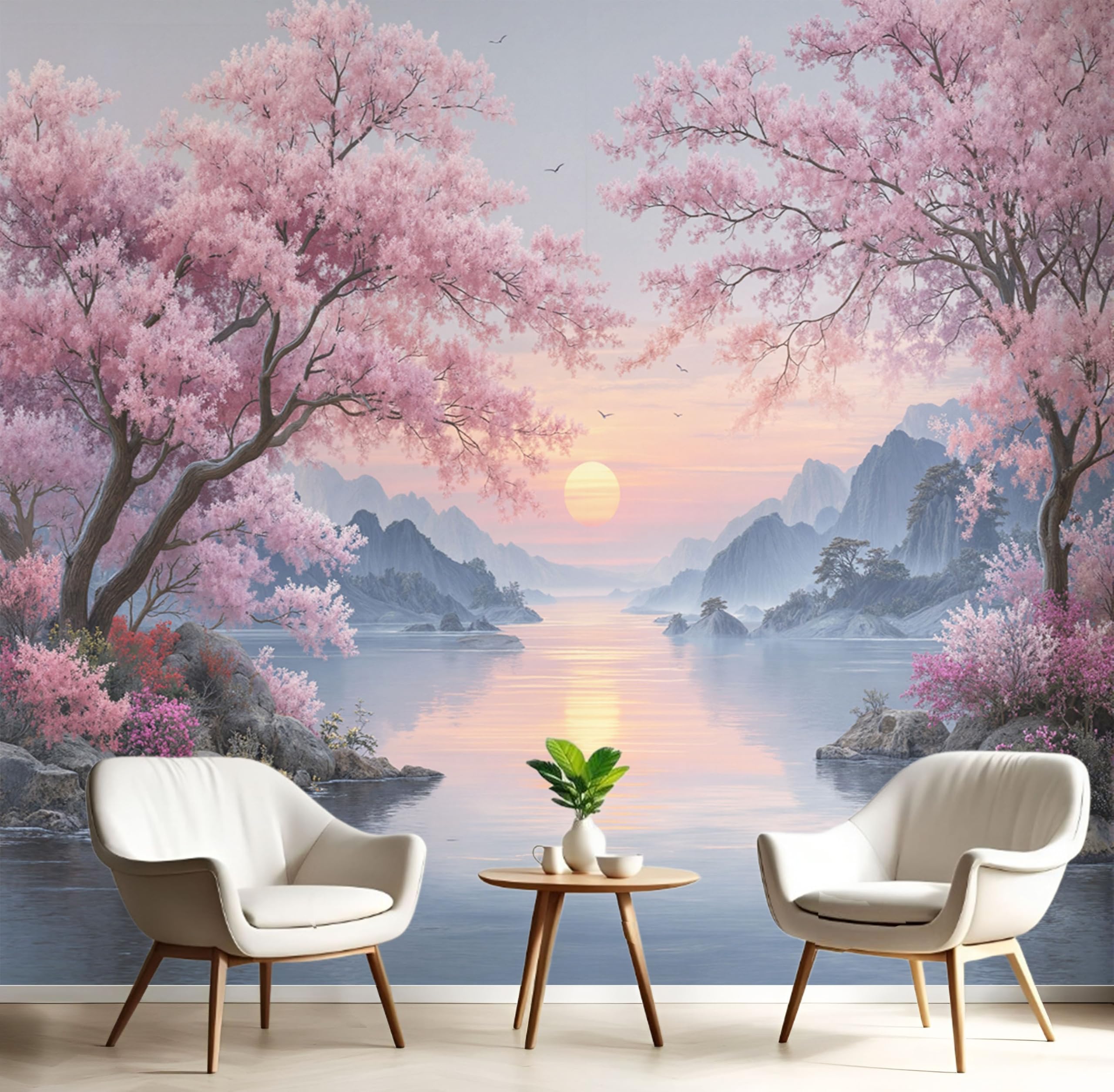 Papier peint panoramique fleur de pêcher bleu ciel 300x210cm pour mur de salon