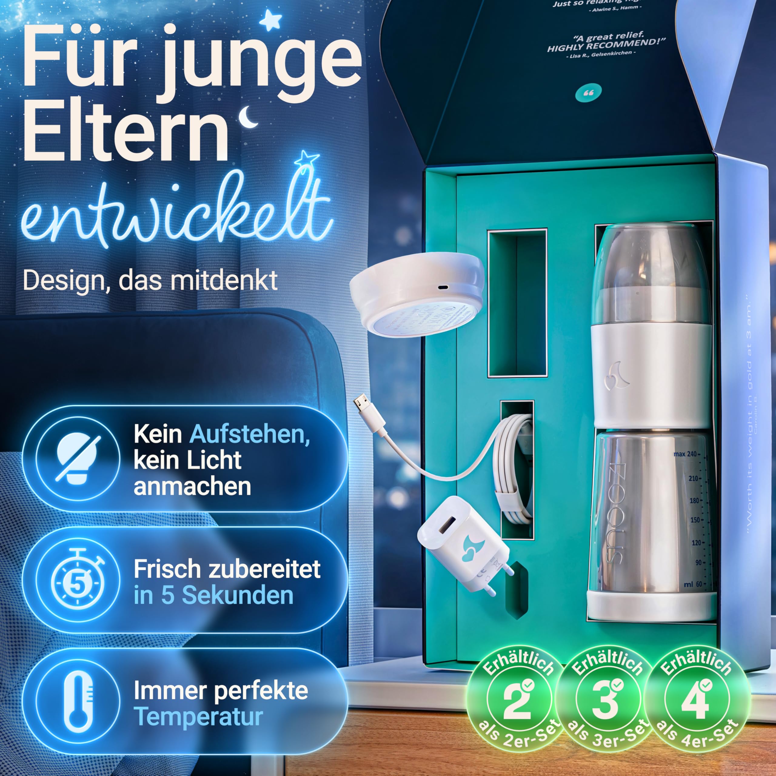 SNOOZI 2er-Set – Baby Nachtflasche mit Flaschenwärmer (2 Flaschen pro Nacht) Babyflasche mit integriertem Milchpulver-Behälter in der Flasche
