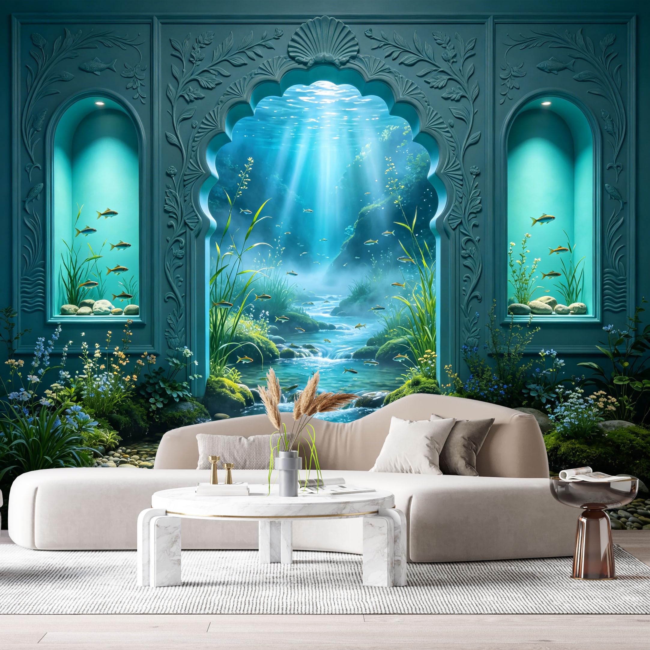 Custom Size Wall Murals Surreal Teal Architecture Ocean Portal Oil Painting 3D Trompe L'Oeil SelfAdhesiveWall Fabric Removable Wallpaper Wall Decor for Living Room Bedroom Bathroom