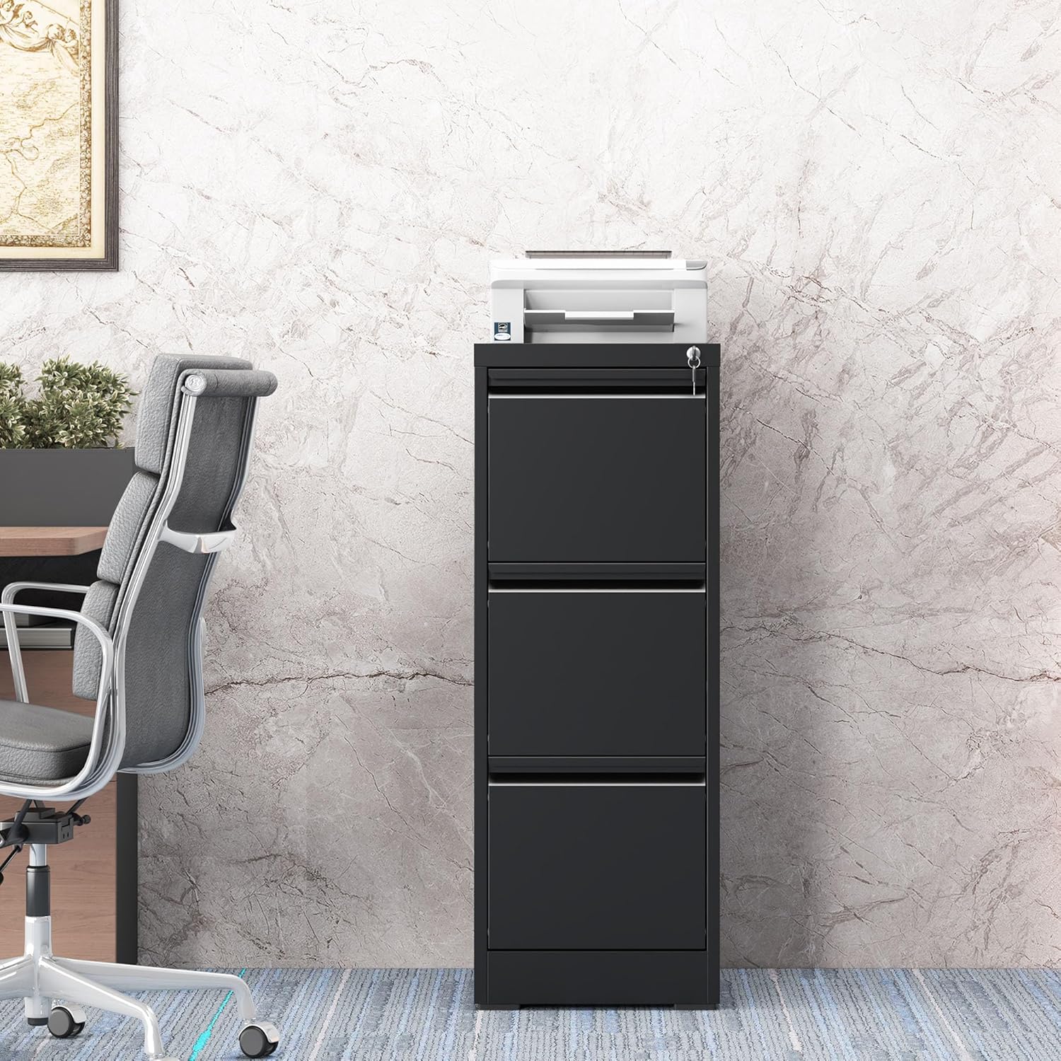 3 Drawer Vertical File Cabinet with Lock, Metal Filing Cabinets for Home Office, Heavy Duty File Storage Cabinet for Legal/Letter/A4 Documents, Easy to Assemble, Black