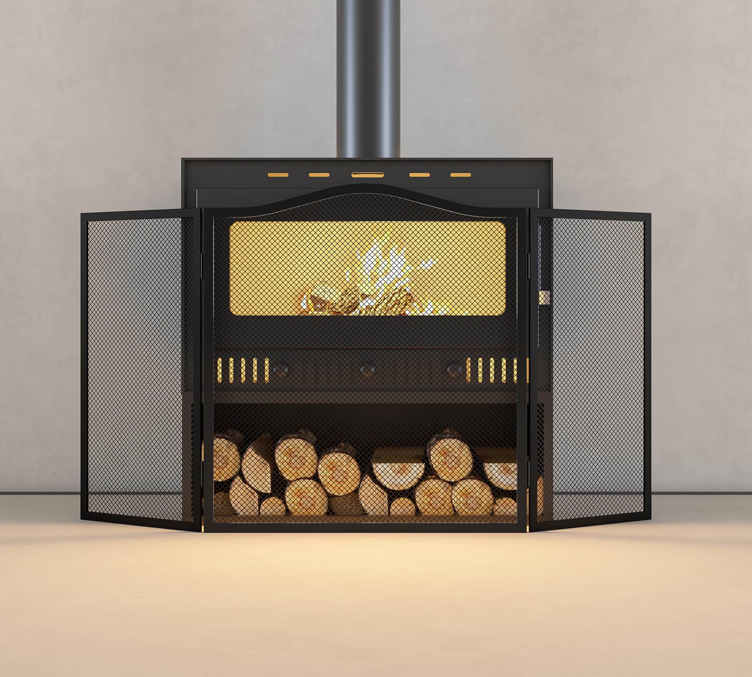 Pare-étincelles à 3 panneaux pour cheminée - Écran plat en fer - 102 cm de long x 54 cm de haut - Panneau en maille robuste pour cheminée ouverte, revêtement en poudre noire