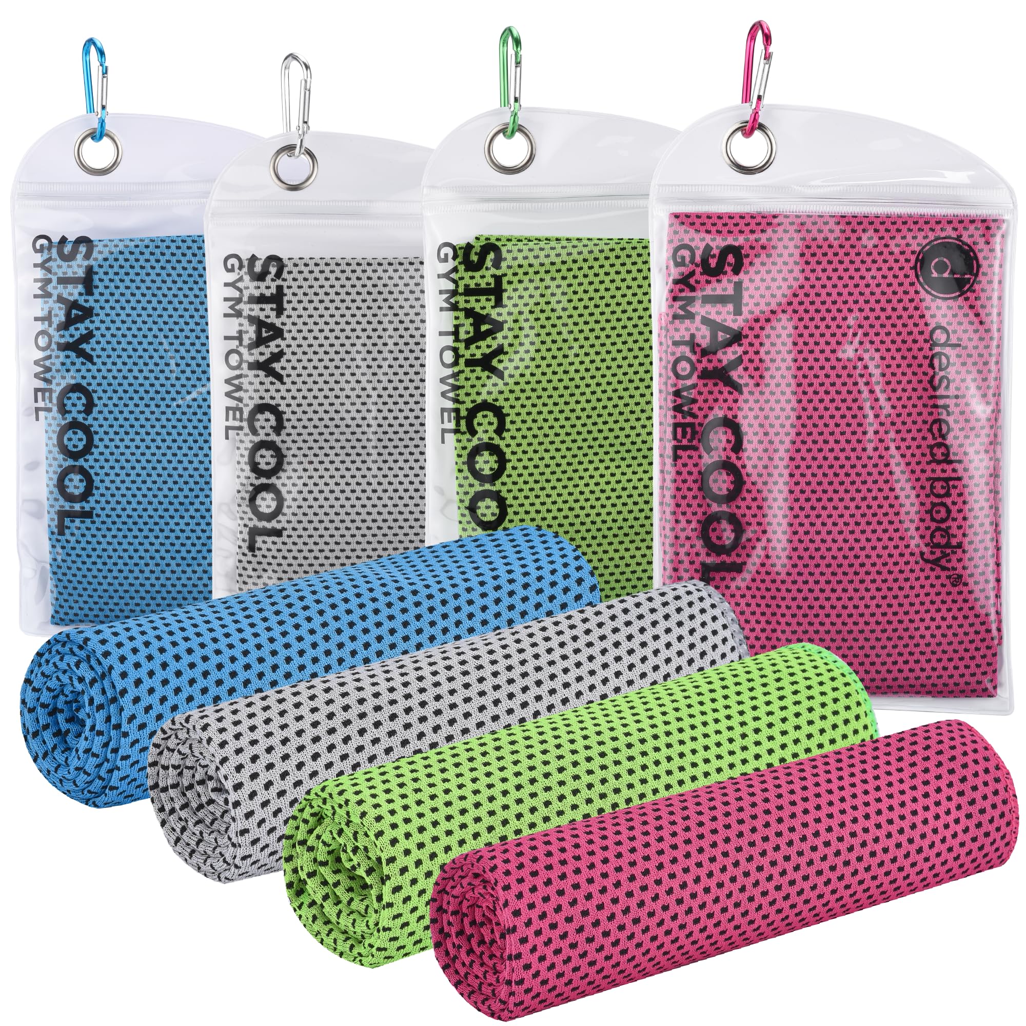 Microfiber Cooling Towels for Neck and Face - 4 Pack 40x12” Mesh Quick Dry Gym Towels for Working Out with Waterproof Bag and Carabiner - Sweat Rag for Gym, Sports, Outdoor Activities