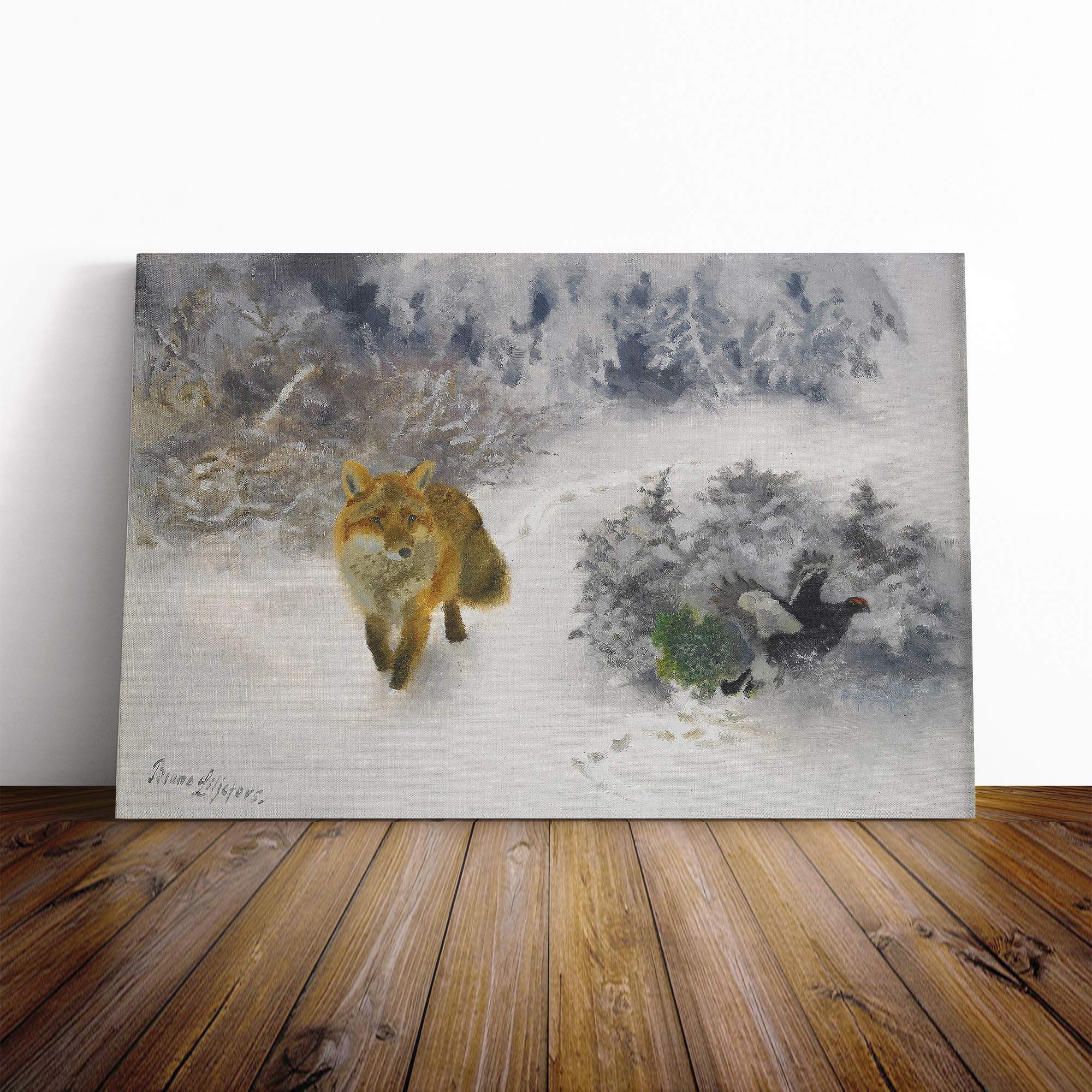 Bruno Liljefors Fox and Black Grouse Canvas Print | Gallery Wrapped 30mm Frame Wall Art | 20x14 inches | Ready to Hang | Modern Animals Picture | Living Room Bedroom Lounge Office