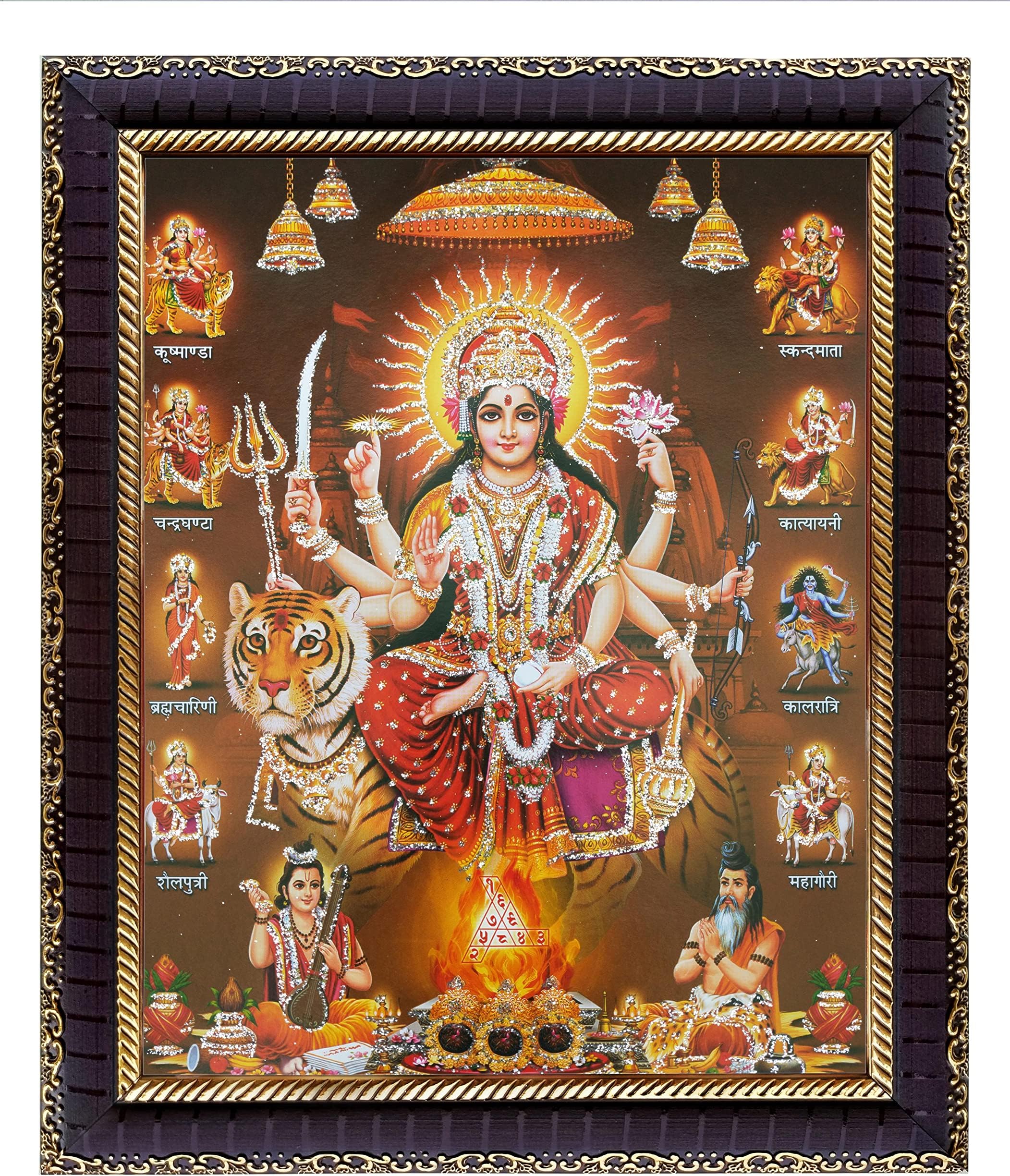 KHANNA Durga maa/ambe/sherawali/nav Durga / 9 Form on Tiger Photo Frame for Wall Hanging/Gift/Temple/puja Room/Home Decor with Acrylic Sheet (Glass) (navdurga_darkmagenta, Synthetic Wood)
