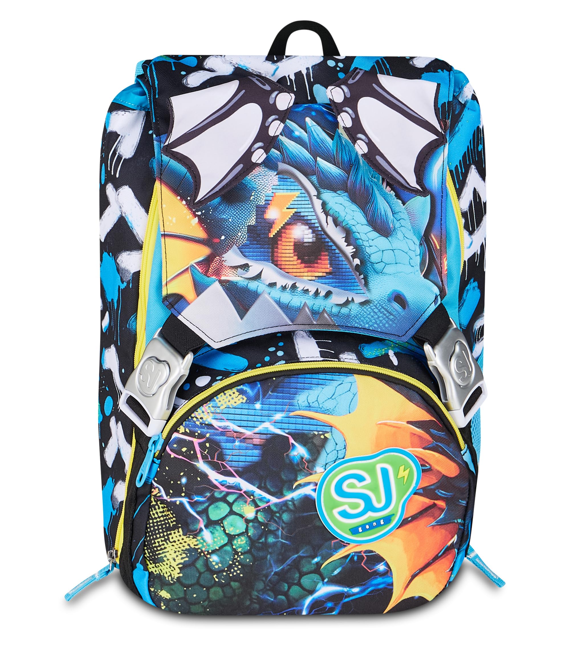 SJ GANG STYLE JAM GANG Zaino Scuola Estensibile Big METAL DRAGON BOY, Blu, 24 L, Zip laterali, ali drago sollevabili, Tasca portaborraccia, Scuola elementare e media, Bambino, Ragazzo