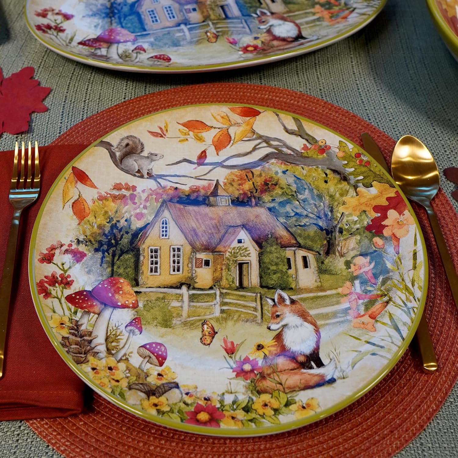 Woodland Critters 11" Ceramic Dinner Plates, Set of 4 – Whimsical Forest Animal and Cottage Scene – Nature-Inspired Tableware for Fall, Kids Parties, Holiday Meals, Gifting, and Rustic Décor