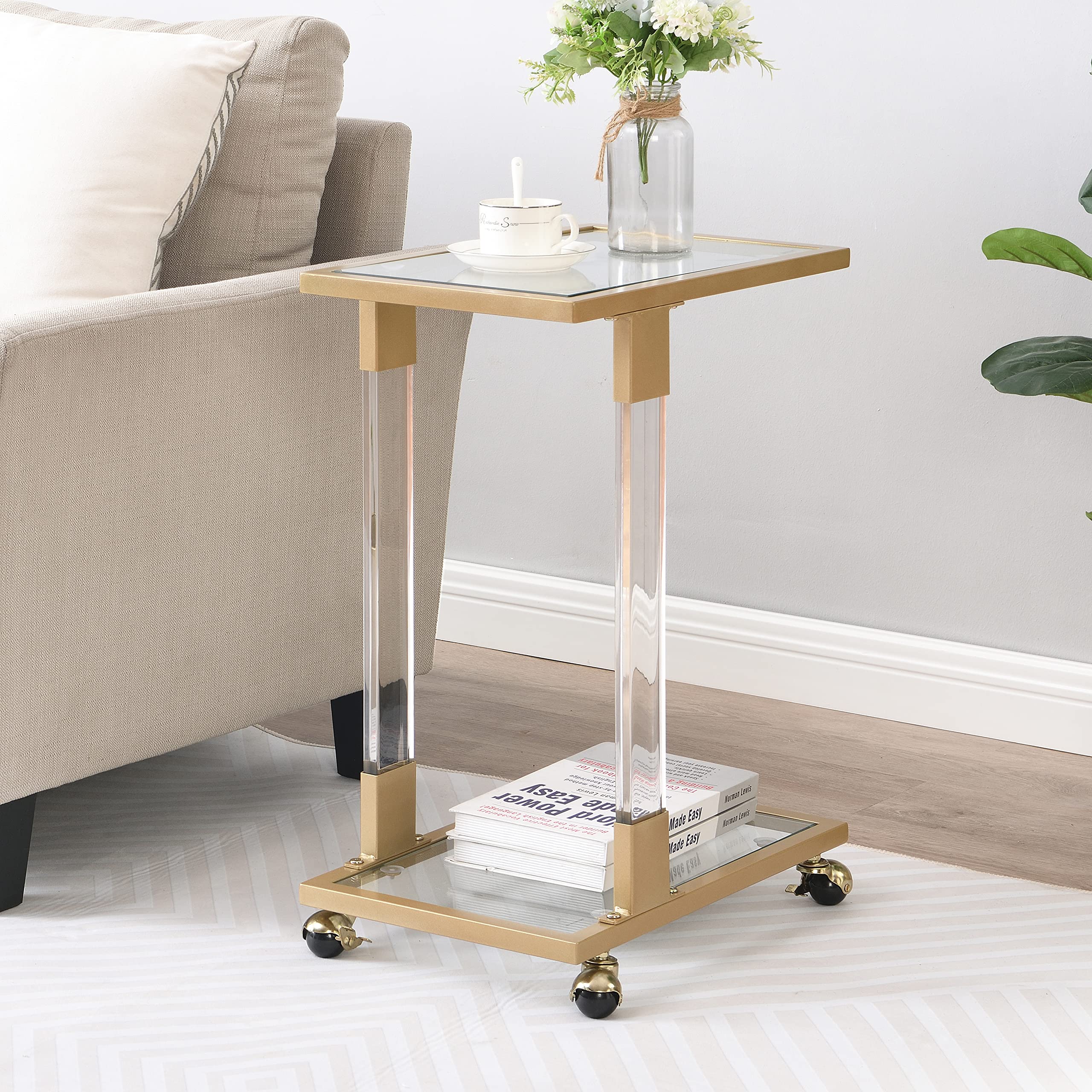 HomVent Modern Acrylic TV Tray Table Rolling Sofa Side Snack Table with Wheels and Tempered Glass Top Portable C-Shape Dinner Tray Tables Mobile Laptop Desk Beside Couch Bed (Gold)