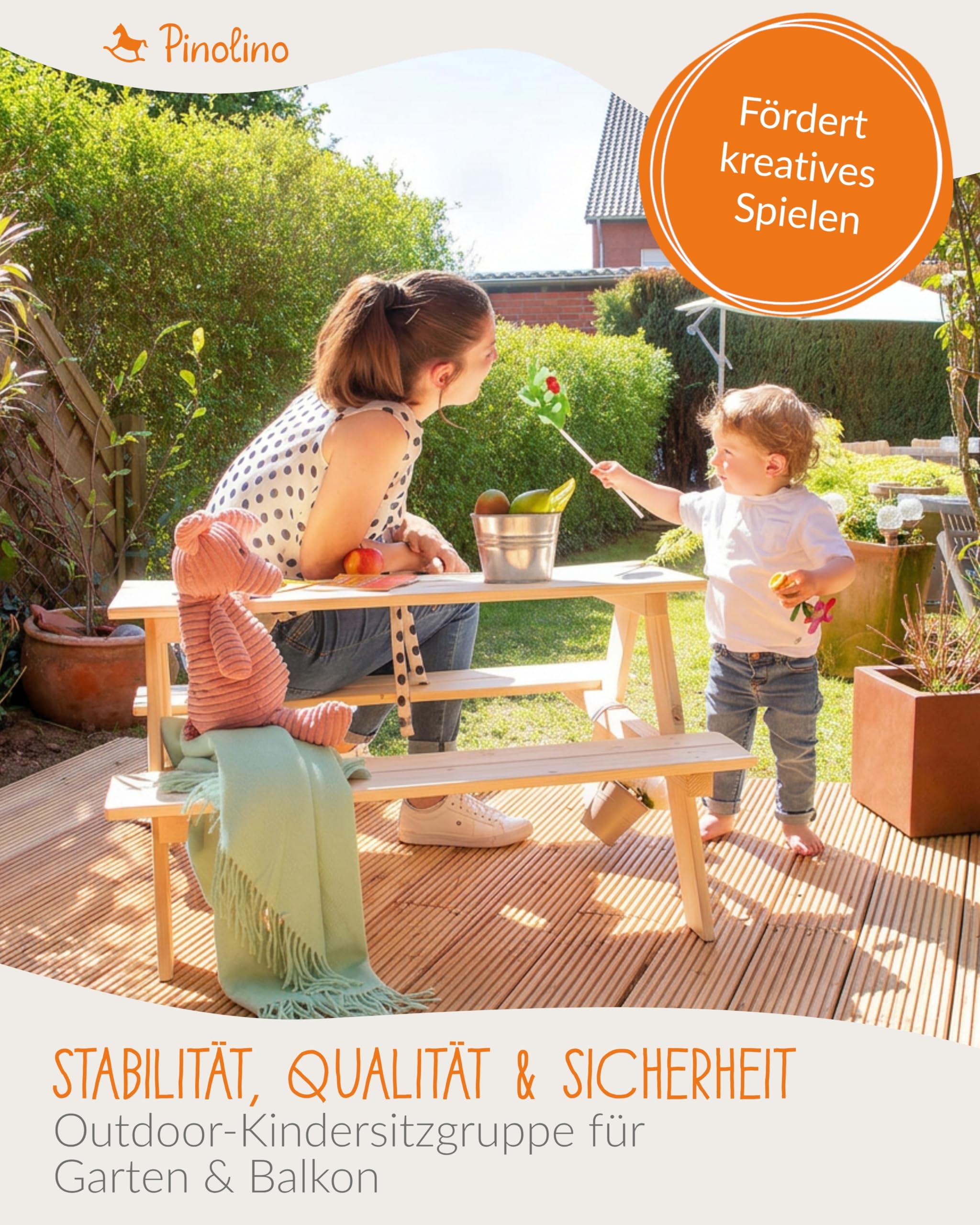 PINOLINO Kindersitzgruppe Massivholz 90x79x50 cm Kinder Picknicktisch Garten Outdoor Spieltisch abgerundete Kanten