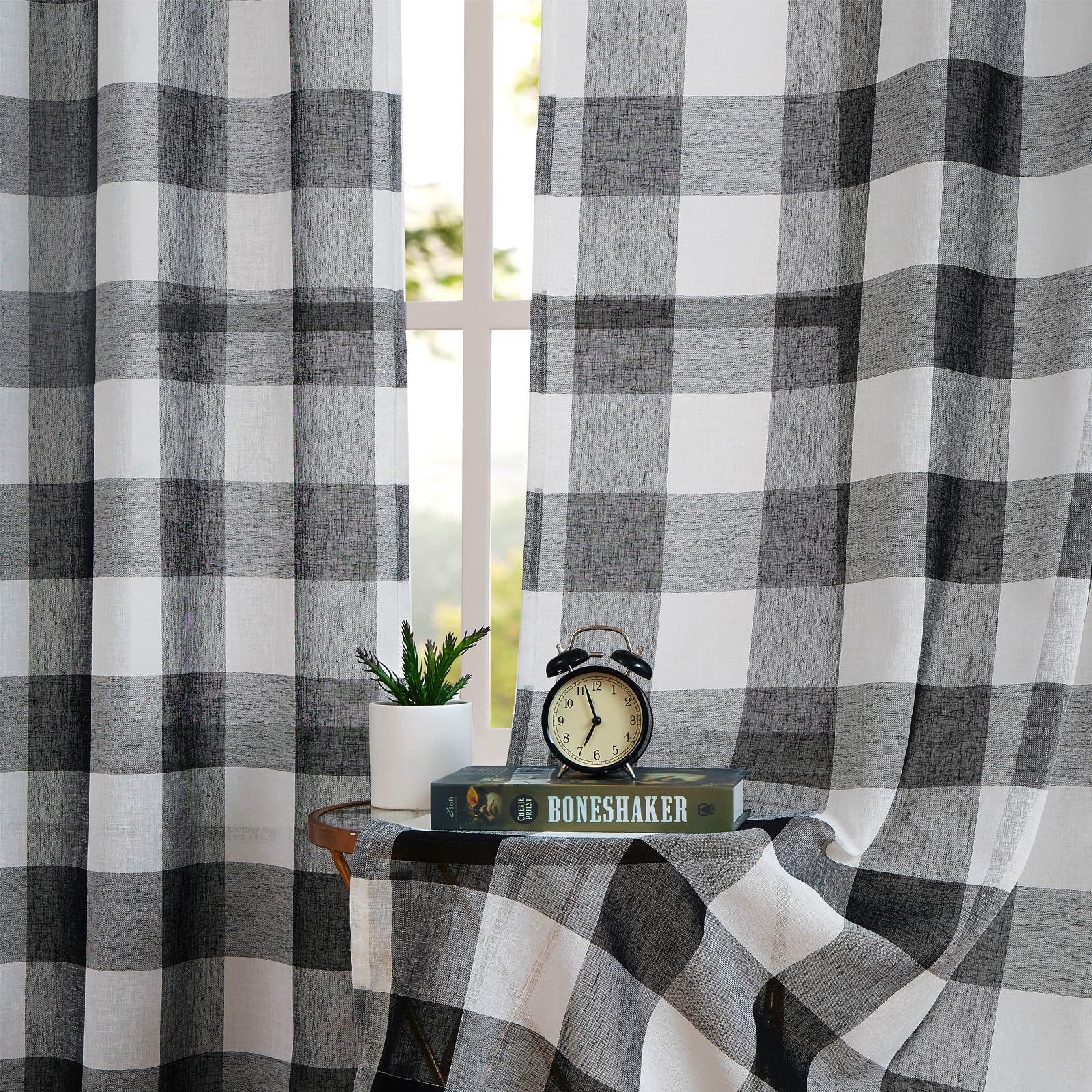 Cortinas A Cuadros Buffalo AMZDECOR - 2 Paneles 40x54 Pulgadas Gris Y Blanco