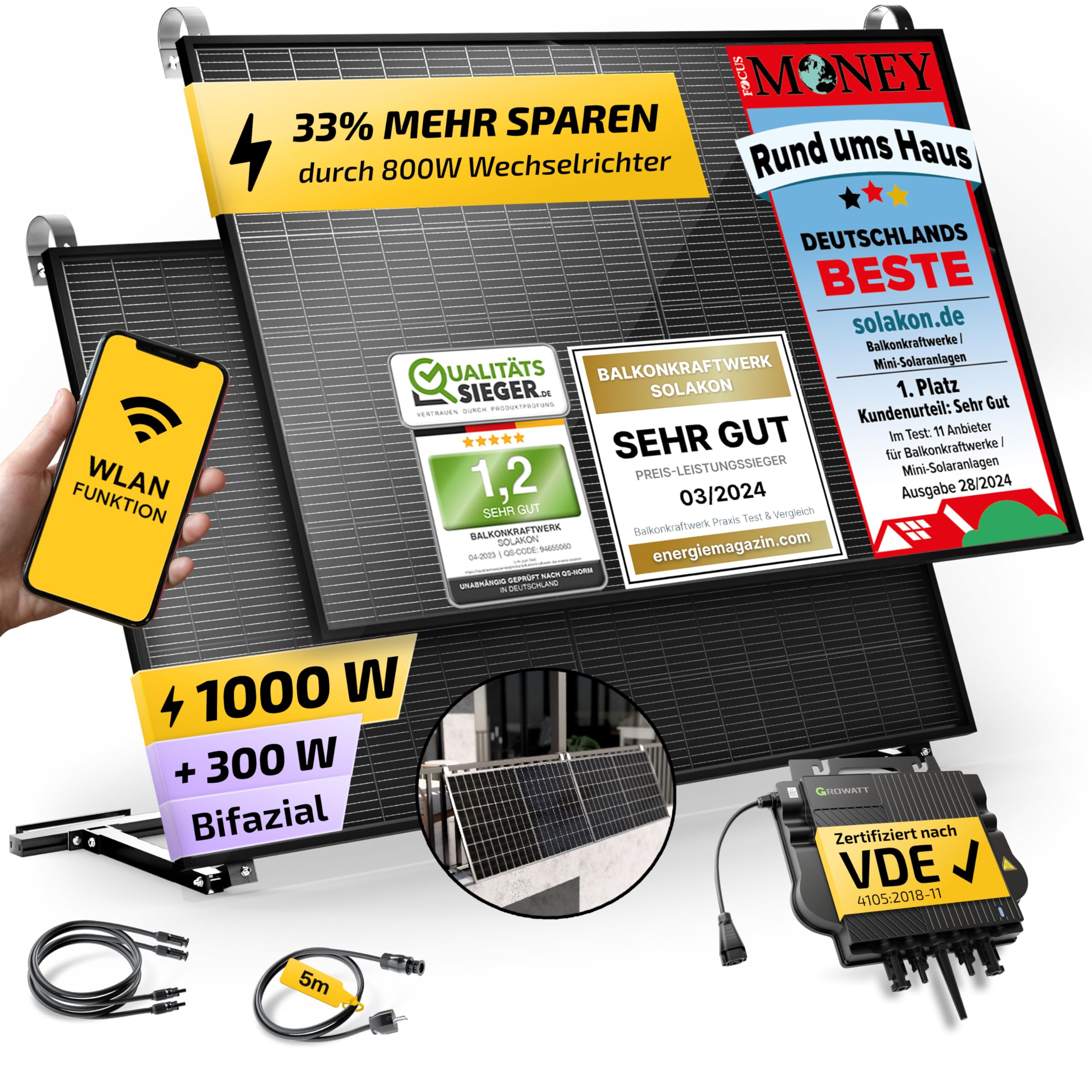 Solakon® 1000W Balkonkraftwerk mit Halterung (Balkon) - Balkonkraftwerk 800W komplett Steckdose - neuester 800 Watt Wechselrichter - Solaranlage Komplettset - 500W bifaziale Solarmodule inkl. Zubehör