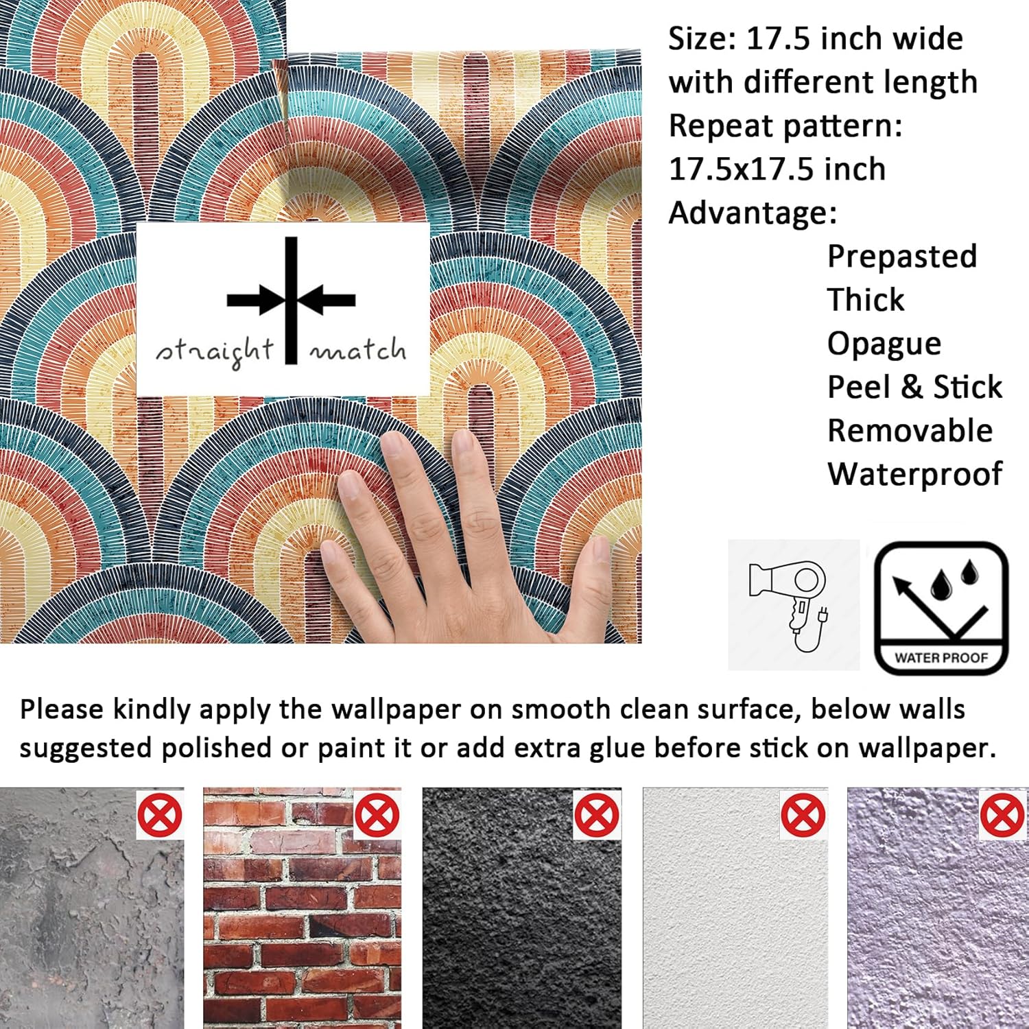 Livelynine 17.5x276 Retro Mid Century Modern Peel and Stick Wallpaper Vintage Rainbow Vinyl Bohemian Bathroom Wallpaper Waterproof Renter Friendly Contact Paper Roll Watercolor Brown Yellow Coral