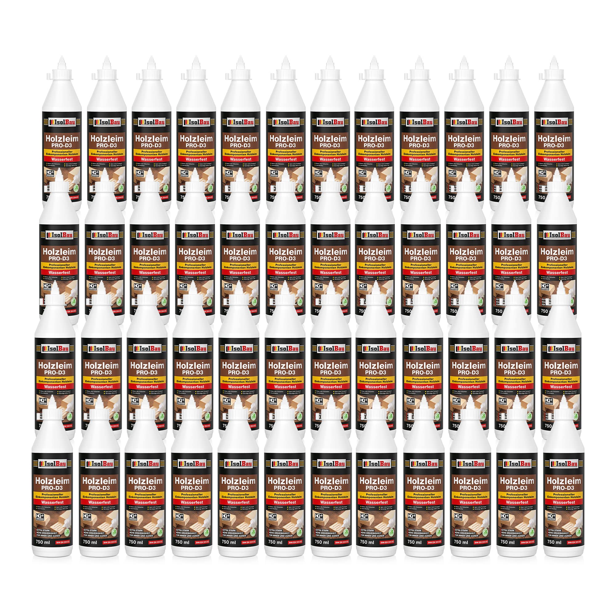 Isolbau Holzleim PRO-D3-48 x 750 ml (860 g) Extra starker Holzkleber für alle Holzarten, für Innen & Außen, Wasserfest, Lösemittelfrei