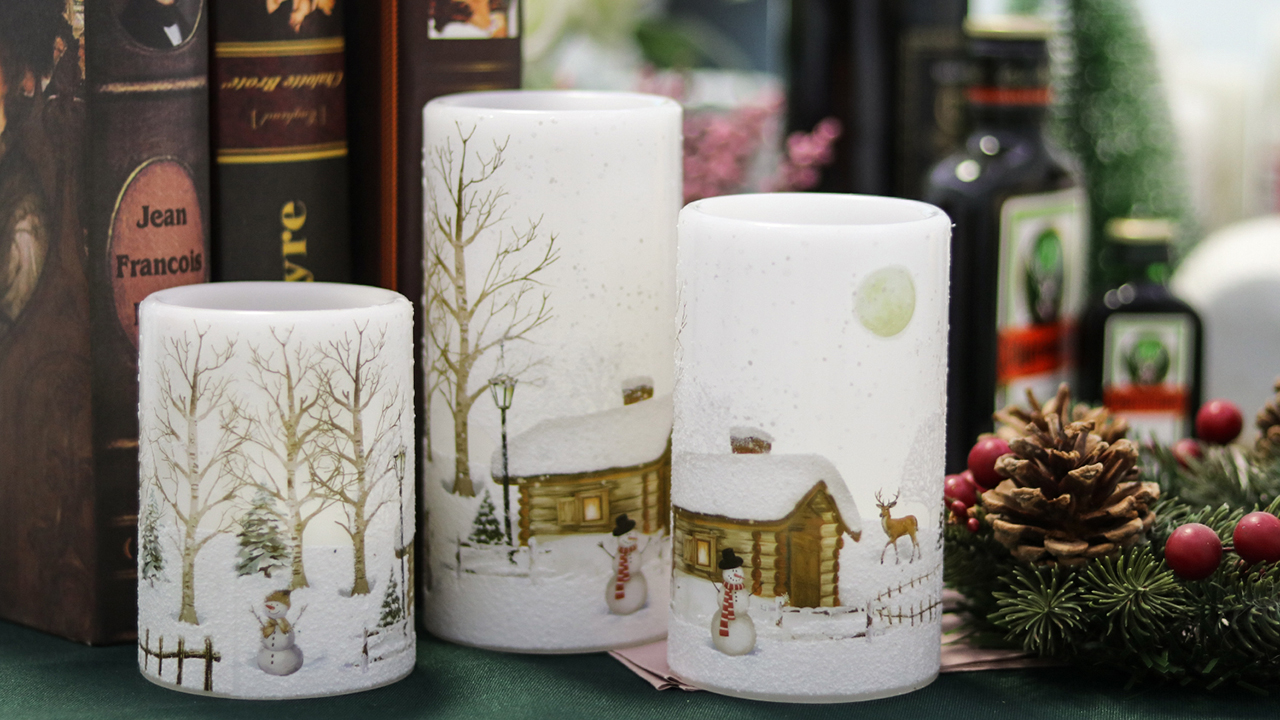 Image of Eldnacele Snowman Christmas Deco Flameless Flickering Candles with Automatical Daily Cycle Timer, White Battery-Operated LED Pillar Candles Snowman Decals 3 Pack (D3 inch x H 4 inch 5 inch 6 inch)