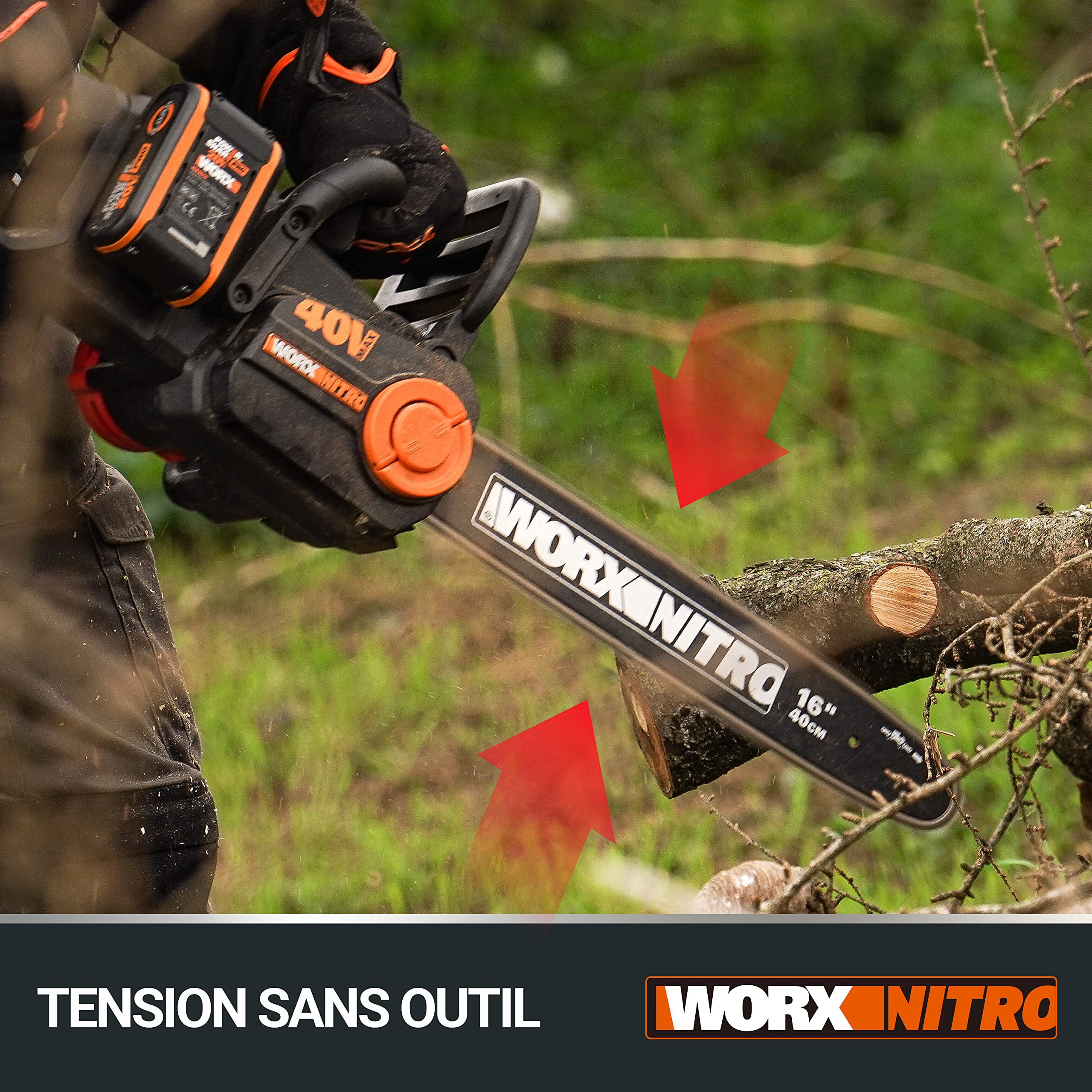 WORX Tronçonneuse Brushless sans fil 40V WG385E.9, guide de 40 cm, vitesse 18m/s, autolubrification et tension automatique de la chaîne, fourreau de protection, livrée sans batterie ni chargeur - 5