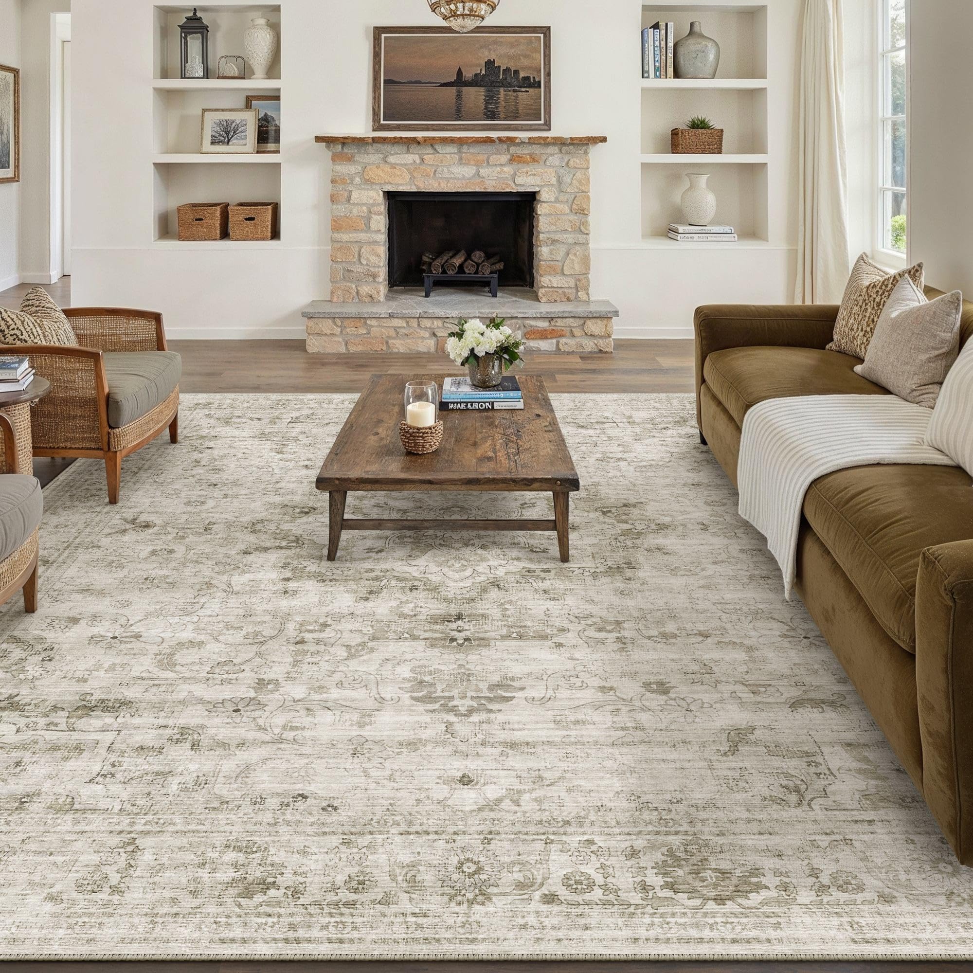 HUGEAR Washable 9x12 Area Rugs Retro Beige Living Room Bedroom Rug Vintage Distressed Non Slip Stain Resistant Low