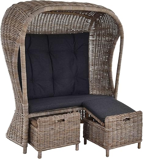 Korb-Outlet Strandkorb Optik 2-Sitzer Beach aus echtem Rattan Rattansessel Flecht-Sessel mit Dach Single für Zwei Personen (Natur Grau, mit Hocker)